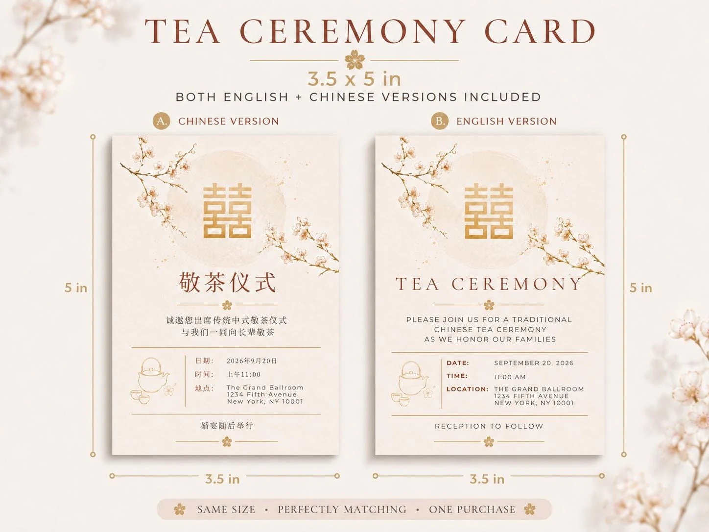 May include: A set of two 3.5 by 5 inch tea ceremony cards featuring a cream background, gold double happiness symbols, and cherry blossom illustrations. One card displays Chinese text, while the other displays English text with event details.