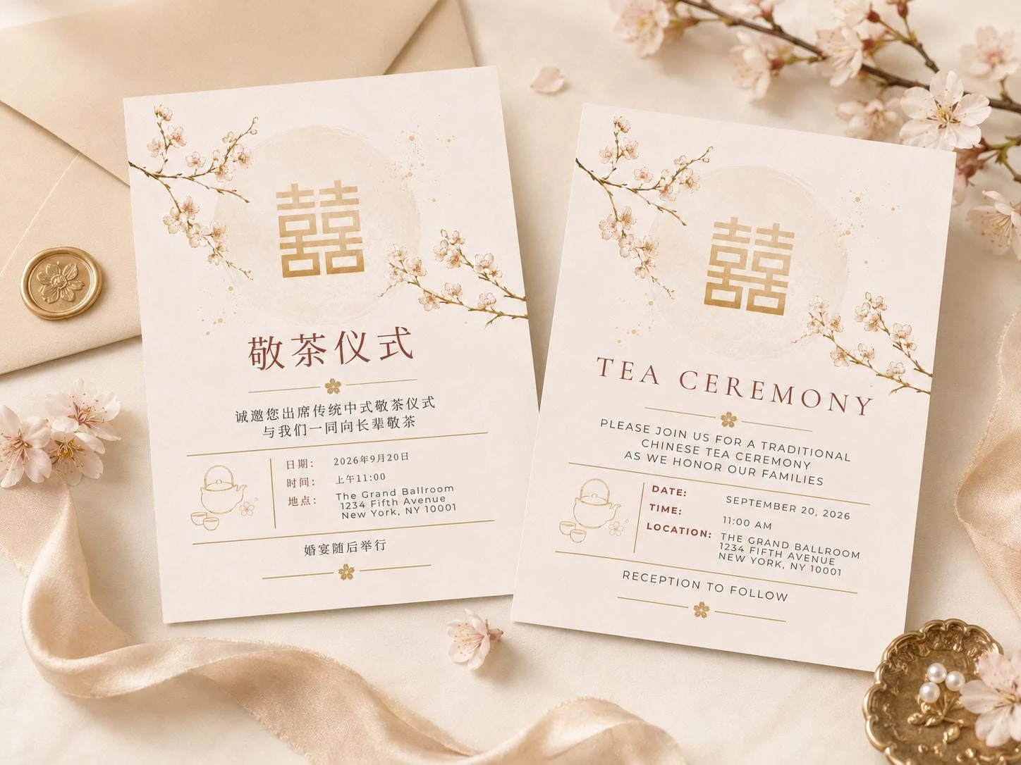 May include: Two rectangular wedding invitation cards featuring a cream background, gold double happiness symbols, and delicate cherry blossom branches. One card is in Chinese, the other in English, both detailing a tea ceremony at The Grand Ballroom.