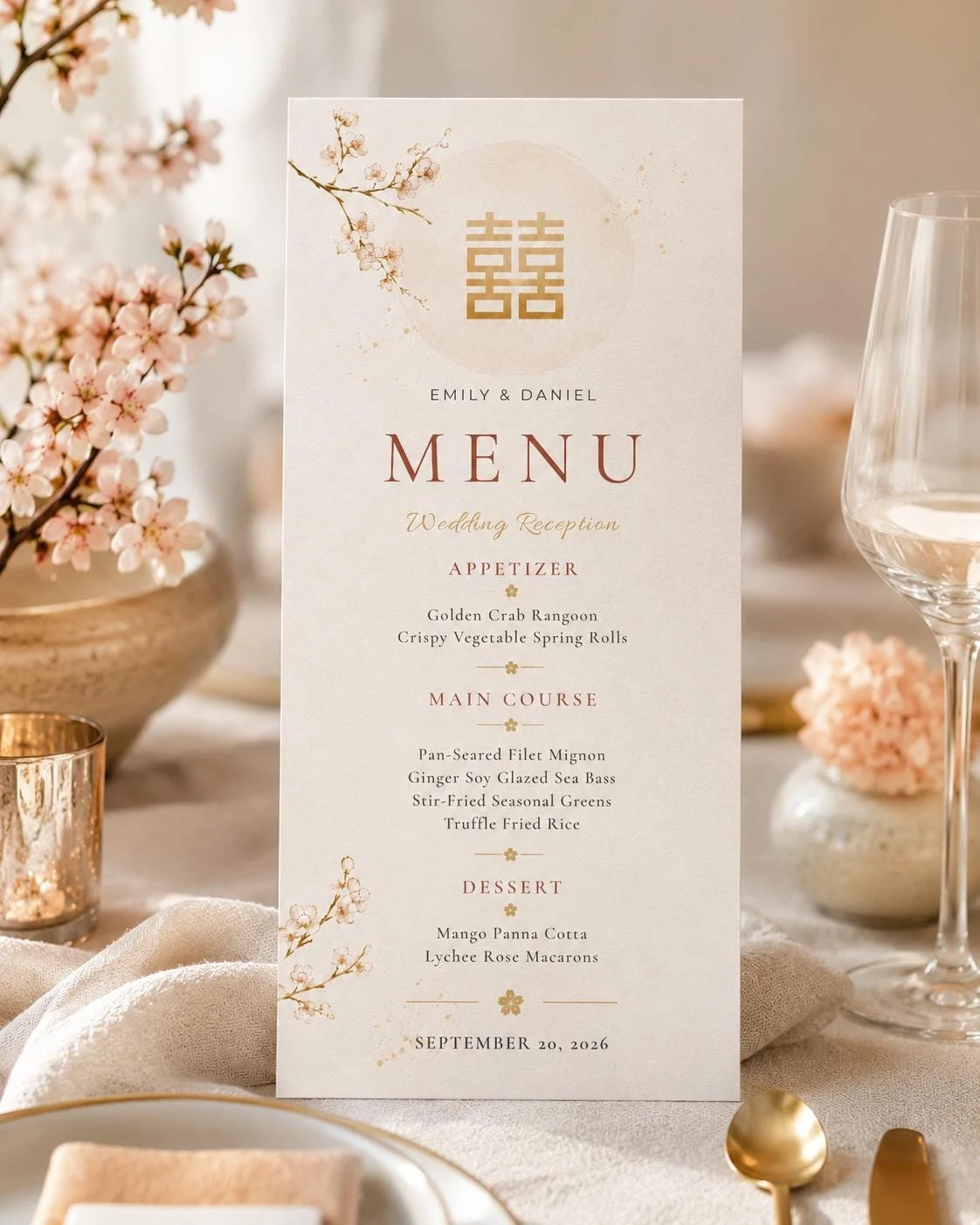 Gold Cherry Blossom Wedding Menu