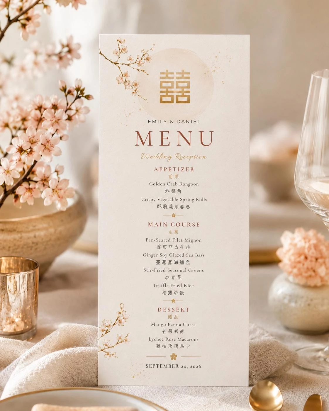 May include: A vertical wedding reception menu card on cream paper featuring a gold double happiness symbol, cherry blossom illustrations, and text listing courses including Golden Crab Rangoon, Pan-Seared Filet Mignon, and Mango Panna Cotta.
