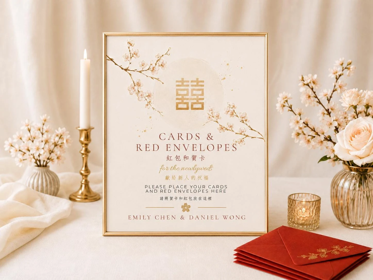 May include: A rectangular sign in a gold frame featuring a double happiness symbol, cherry blossom illustrations, and the text: CARDS & RED ENVELOPES, for the newlyweds, PLEASE PLACE YOUR CARDS AND RED ENVELOPES HERE, EMILY CHEN & DANIEL WONG.
