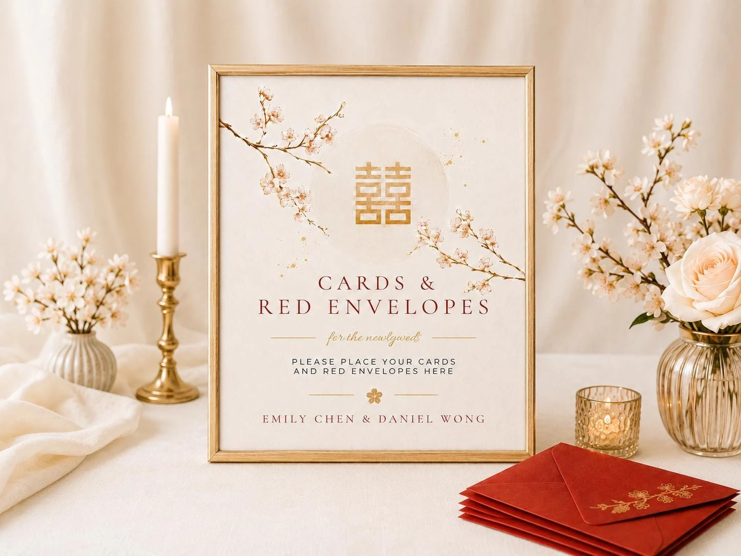 May include: A rectangular gold-framed sign with a cream background featuring cherry blossom branches, a gold double happiness symbol, and text reading CARDS & RED ENVELOPES, for the newlywed, PLEASE PLACE YOUR CARDS AND RED ENVELOPES HERE, EMILY CHEN & DANIEL WONG.