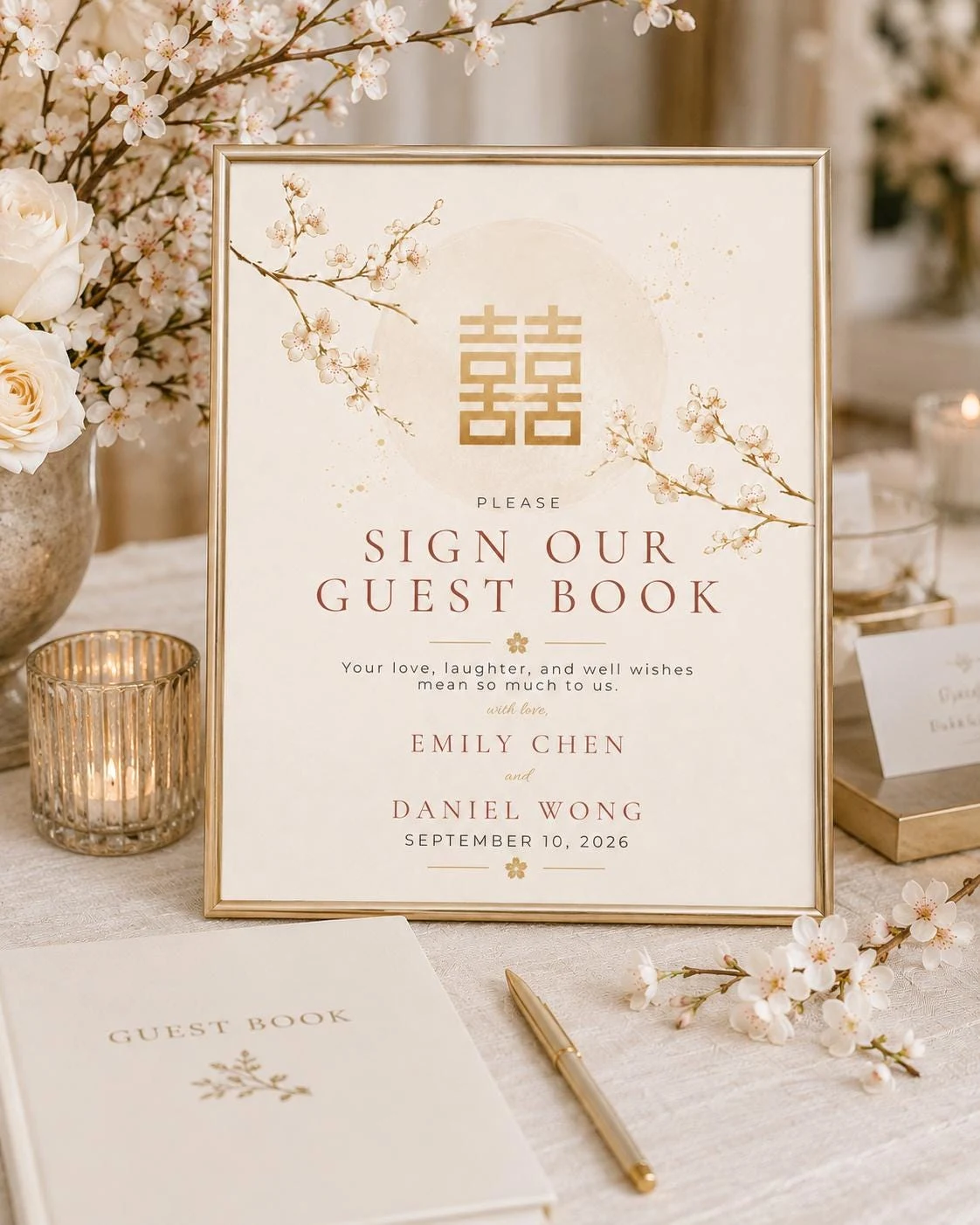 Gold Cherry Blossom Wedding Guest Book Sign
