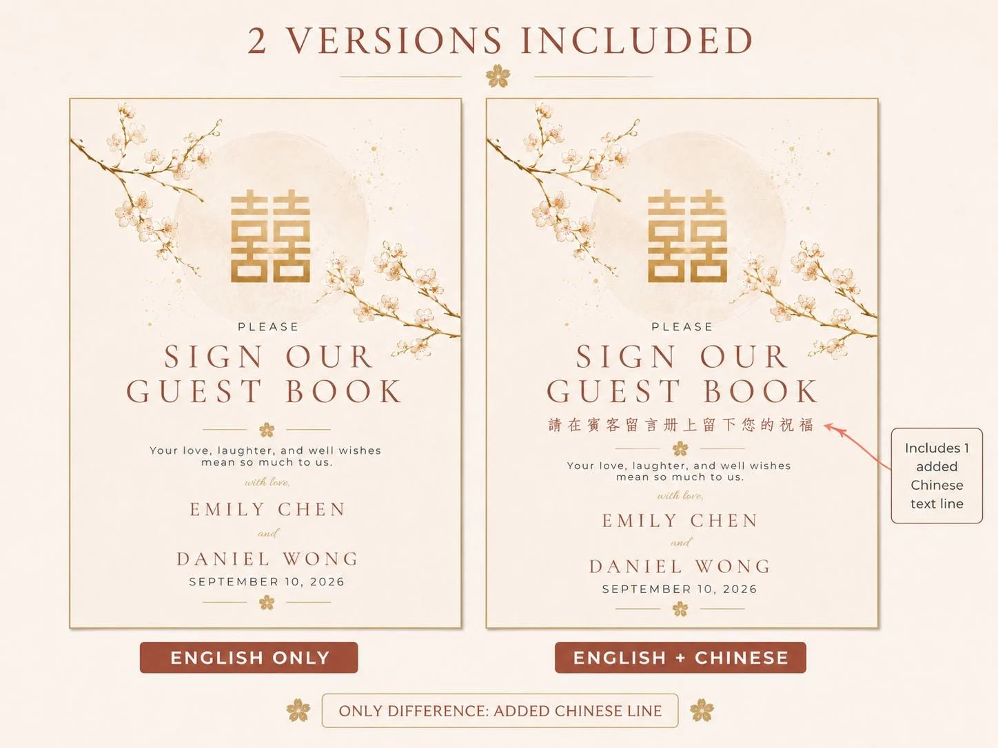 May include: Two rectangular wedding guest book signs with a cream background, gold double happiness symbol, and cherry blossom branches. The text reads: PLEASE SIGN OUR GUEST BOOK, Your love, laughter, and well wishes mean so much to us, EMILY CHEN and DANIEL WONG, SEPTEMBER 10, 2026. One version includes an additional line of Chinese text.