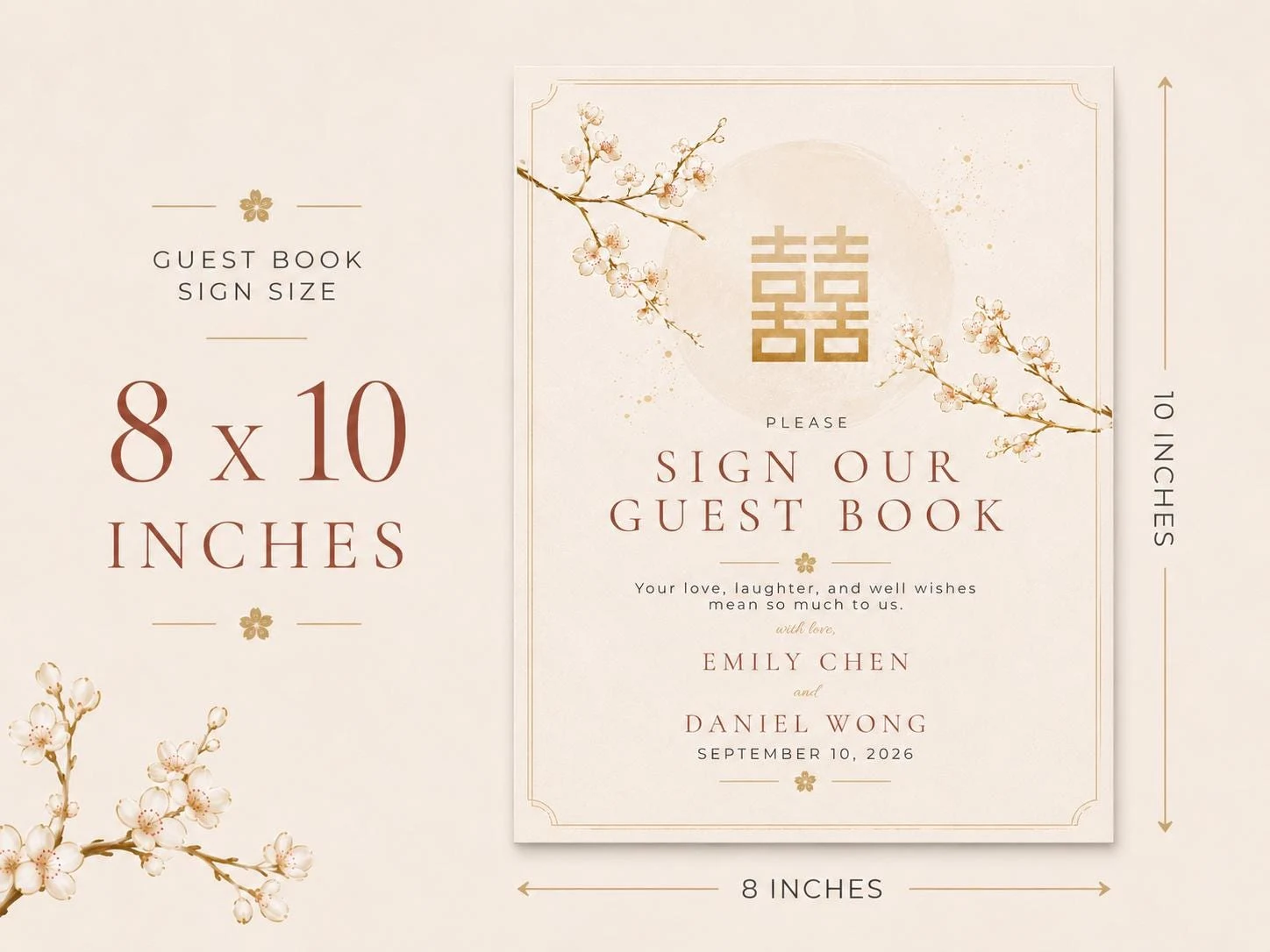 May include: A rectangular guest book sign measuring 8 by 10 inches. The sign features a cream background with gold cherry blossom branches, a double happiness symbol, and text reading: Please sign our guest book, Emily Chen and Daniel Wong.