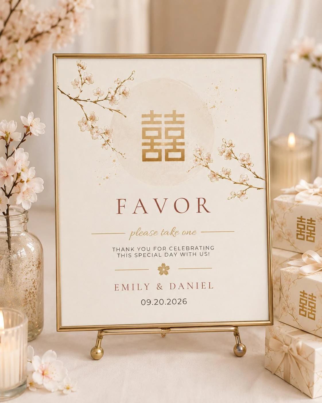 Gold Cherry Blossom Wedding Favor Sign