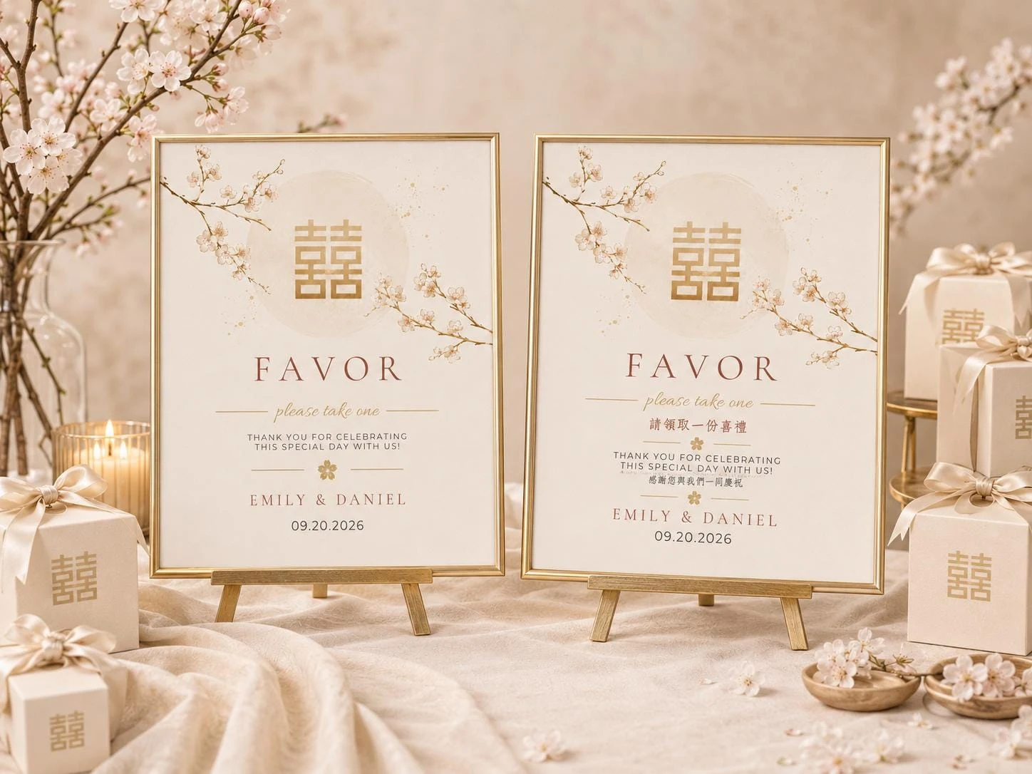 May include: Two rectangular signs in gold frames on small wooden easels. The signs feature a gold double happiness symbol, cherry blossom branches, and the text "FAVOR please take one THANK YOU FOR CELEBRATING THIS SPECIAL DAY WITH US EMILY & DANIEL 09.20.2026".