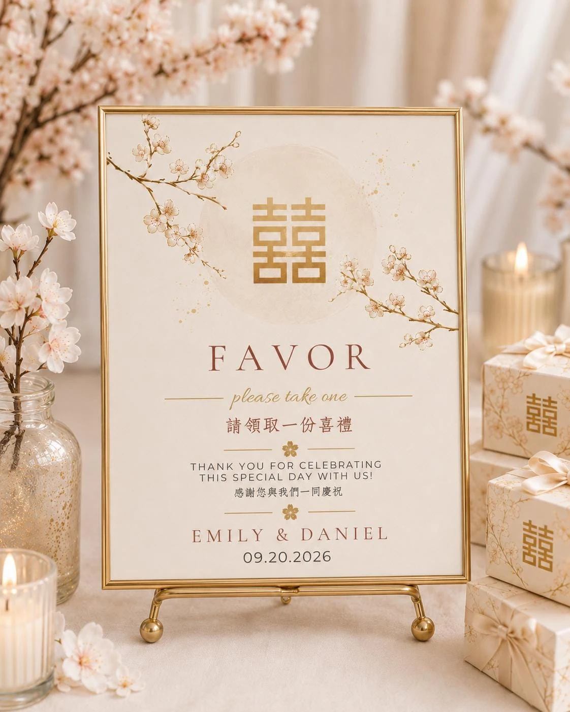 May include: A rectangular sign in a gold frame on a gold stand featuring cherry blossom illustrations, a gold double happiness symbol, and text reading FAVOR, please take one, 請問取一份喜禮, THANK YOU FOR CELEBRATING THIS SPECIAL DAY WITH US, 感謝您與我們一同慶祝, EMILY & DANIEL, 09.20.2026.