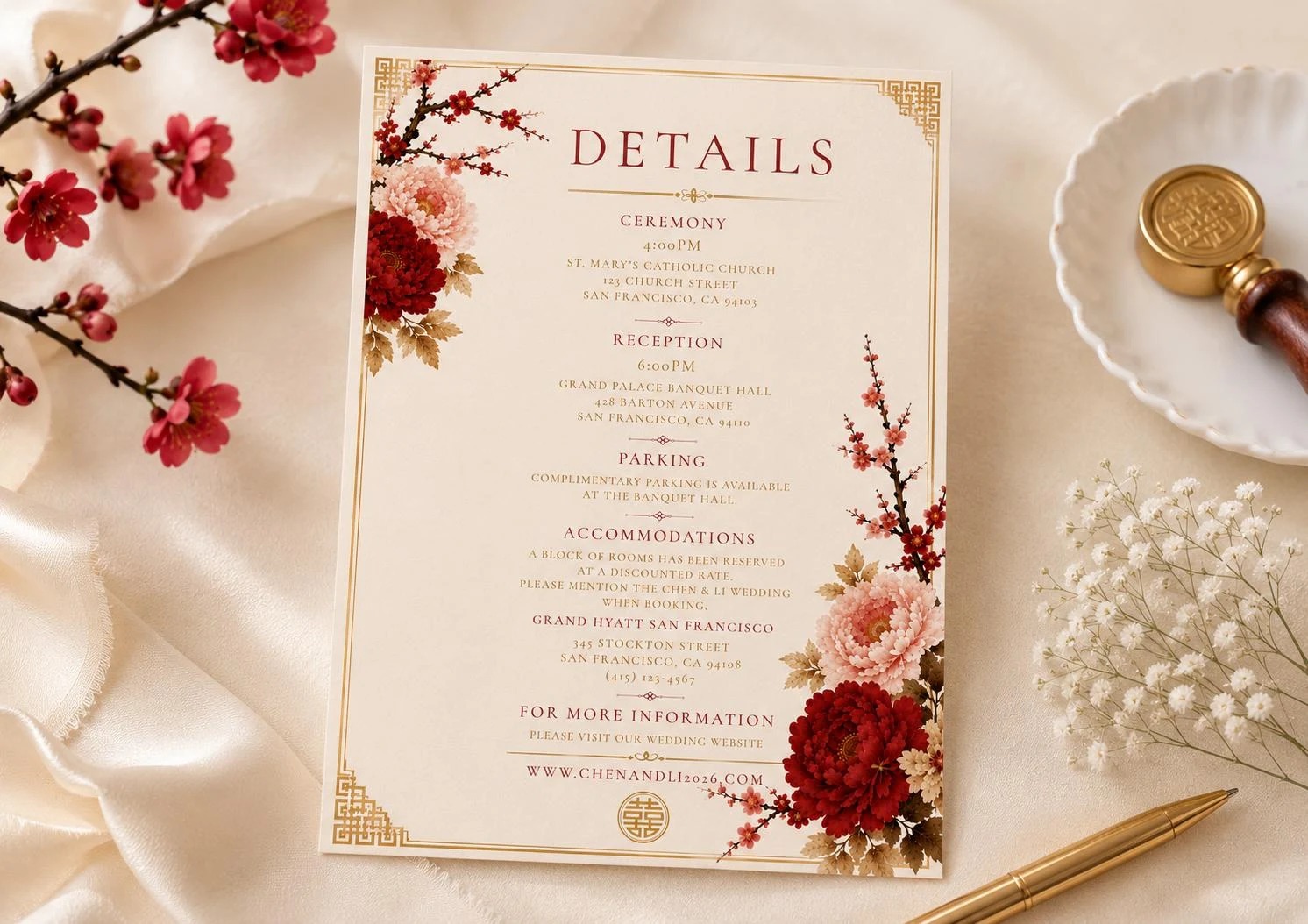 Classic Red Chinese Wedding Details Card