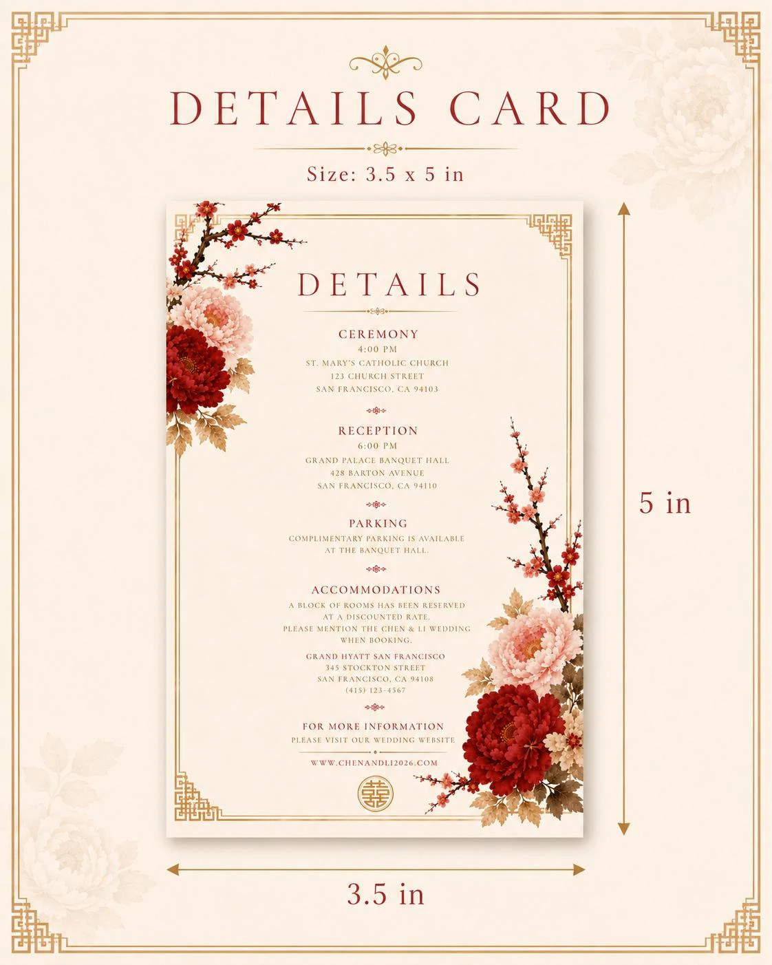 May include: A rectangular details card measuring 3.5 by 5 inches with a cream background, gold border, and red and pink floral illustrations. The text includes ceremony, reception, parking, and accommodation information for a wedding.