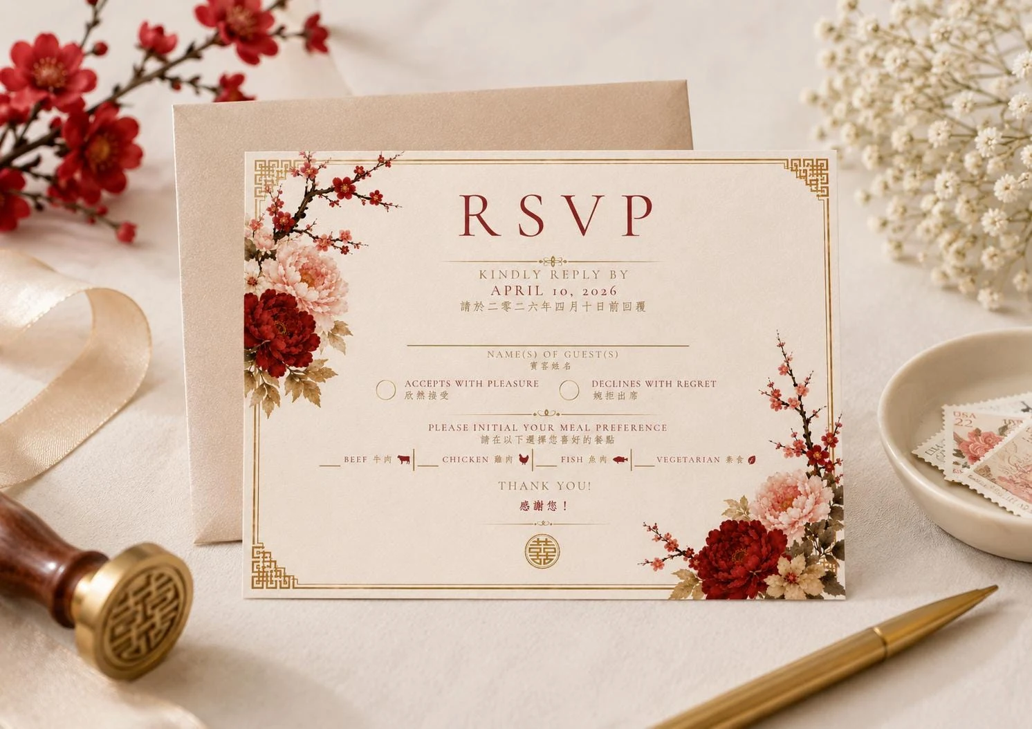 Classic Red Chinese Wedding RSVP Card