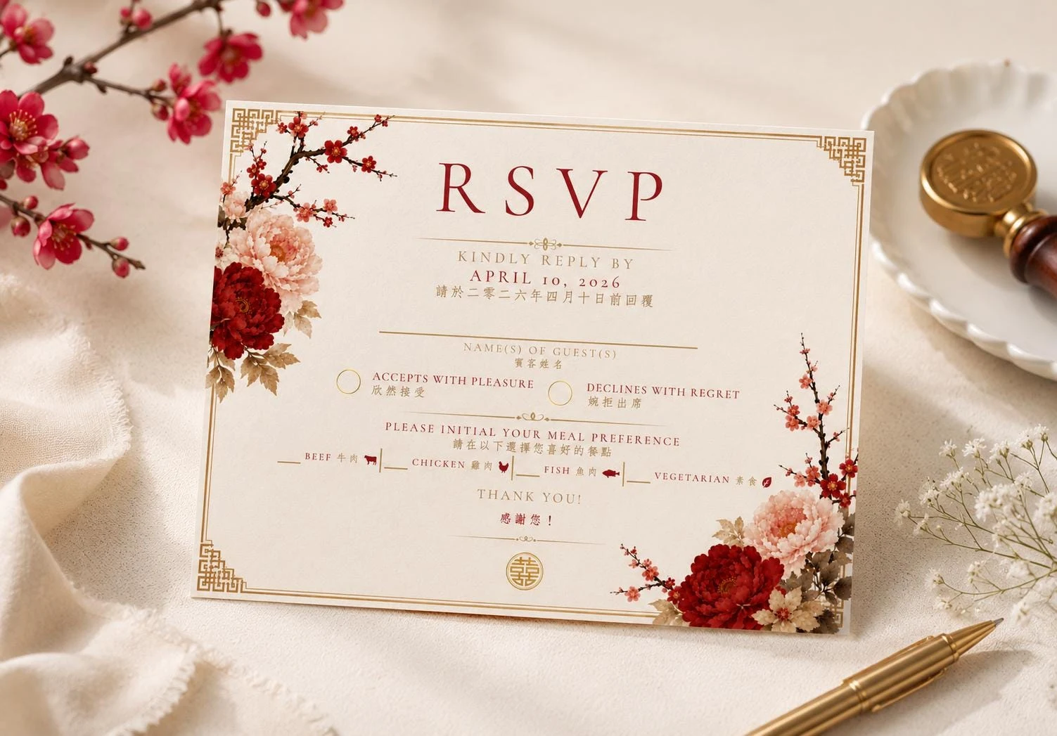 May include: A rectangular RSVP card with cream-colored paper featuring red and pink floral illustrations of peonies and cherry blossoms. The text includes RSVP, Kindly Reply By April 10, 2026, and meal preferences for beef, chicken, fish, and vegetarian options.