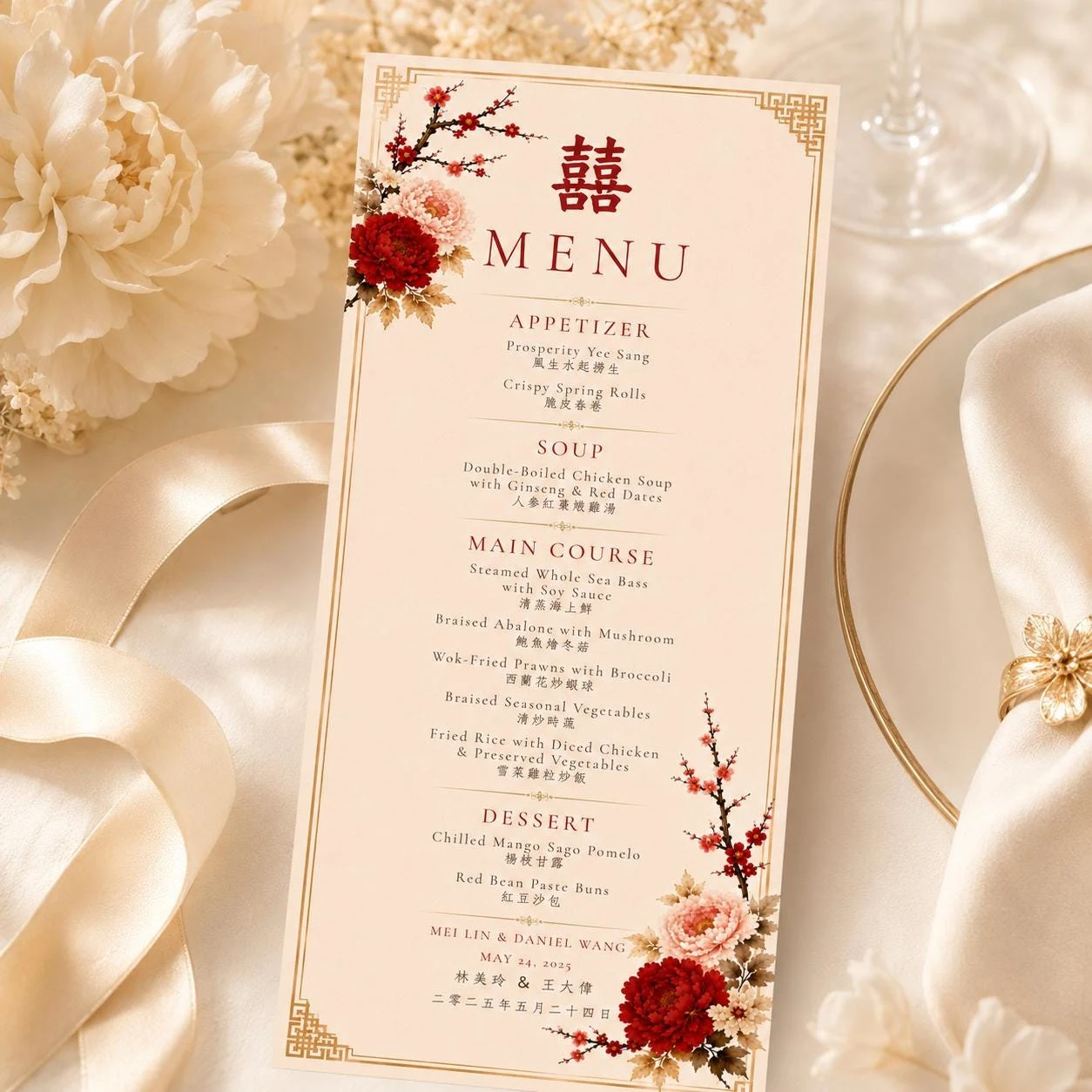 Classic Red Bilingual Chinese Wedding Menu