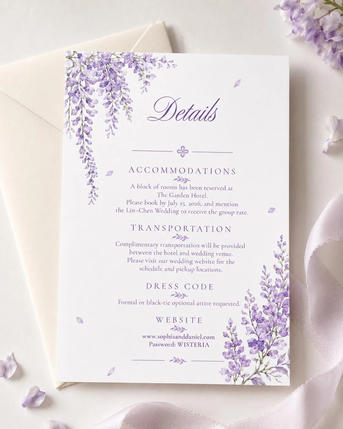 Lavender Wisteria Wedding Details Card