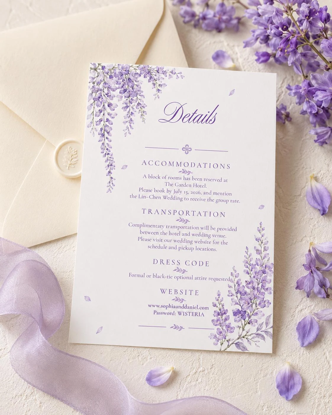 May include: A white wedding details card featuring purple wisteria floral illustrations. The text includes sections for Accommodations, Transportation, Dress Code, and Website, with the URL www.sophiaanddaniel.com and the password WISTERIA printed clearly.