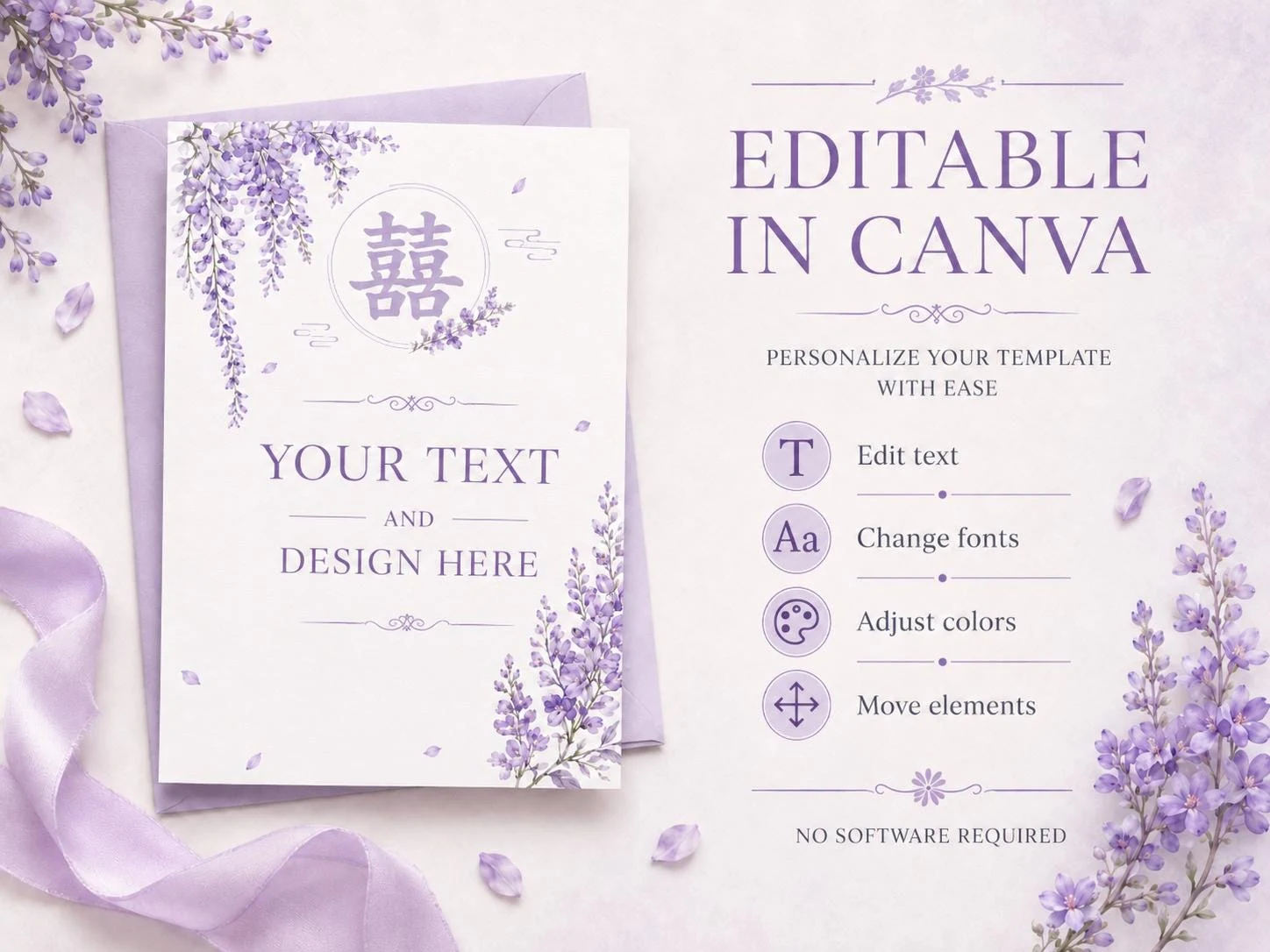 May include: A white wedding invitation template featuring purple wisteria floral illustrations and a double happiness symbol. The text reads EDITABLE IN CANVA, PERSONALIZE YOUR TEMPLATE WITH EASE, Edit text, Change fonts, Adjust colors, Move elements.