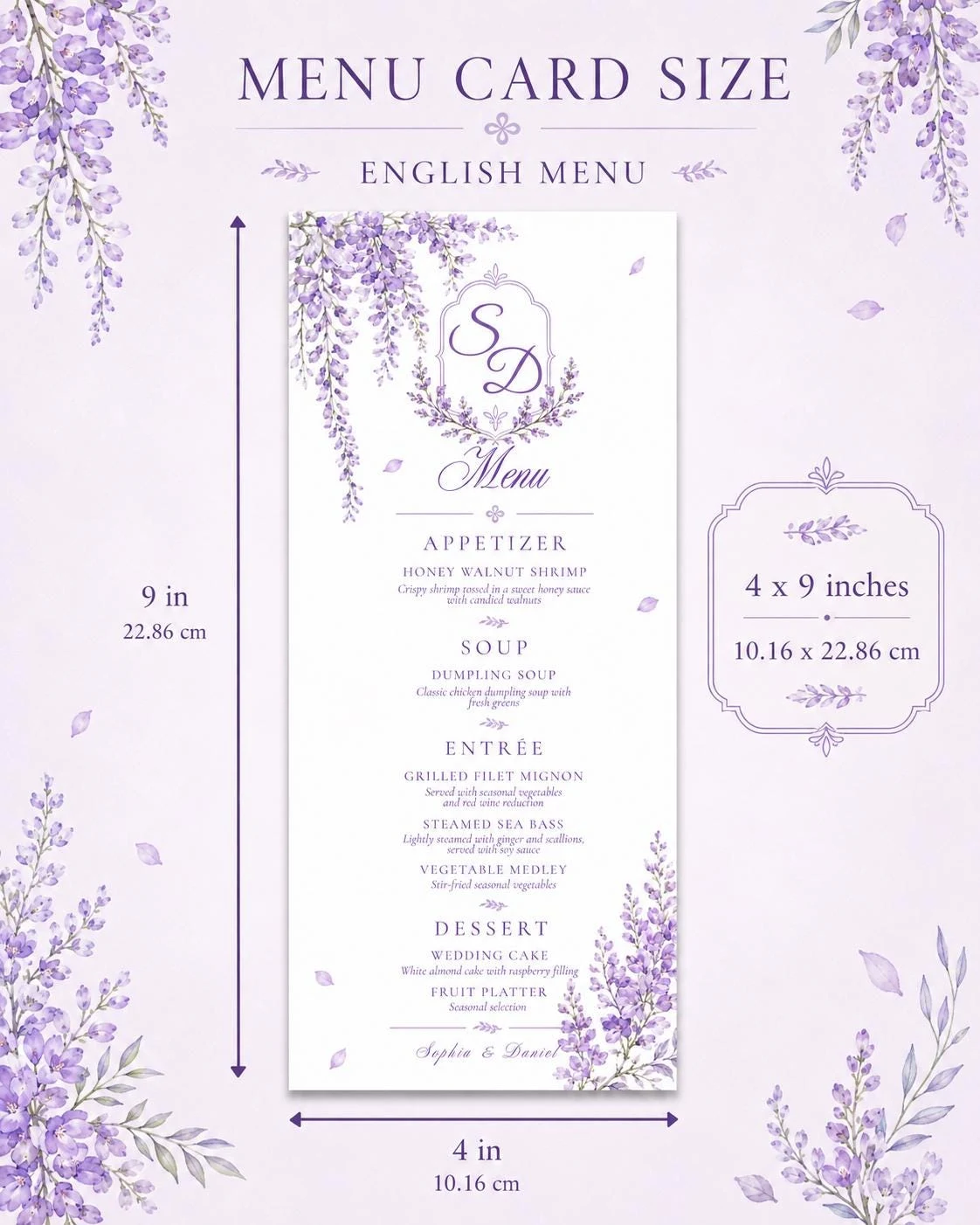 May include: A rectangular white menu card measuring 4 by 9 inches, decorated with purple wisteria floral illustrations. The text includes sections for Appetizer, Soup, Entrée, and Dessert, with a monogram featuring the letters SD at the top.