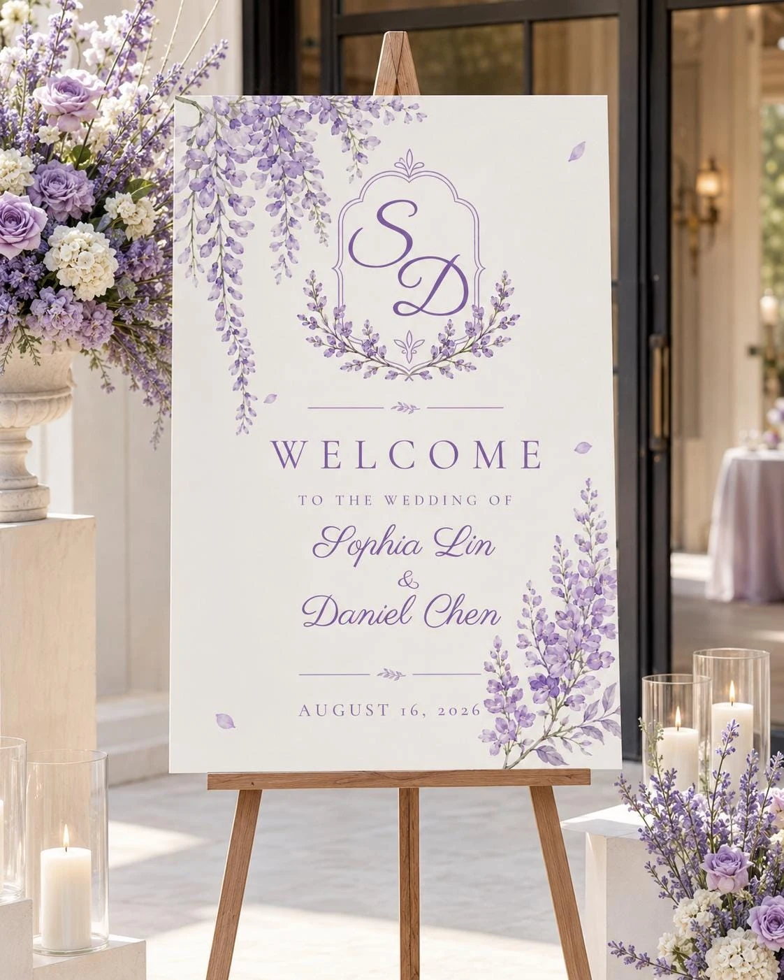 Lavender Wisteria Monogram Wedding Welcome Sign