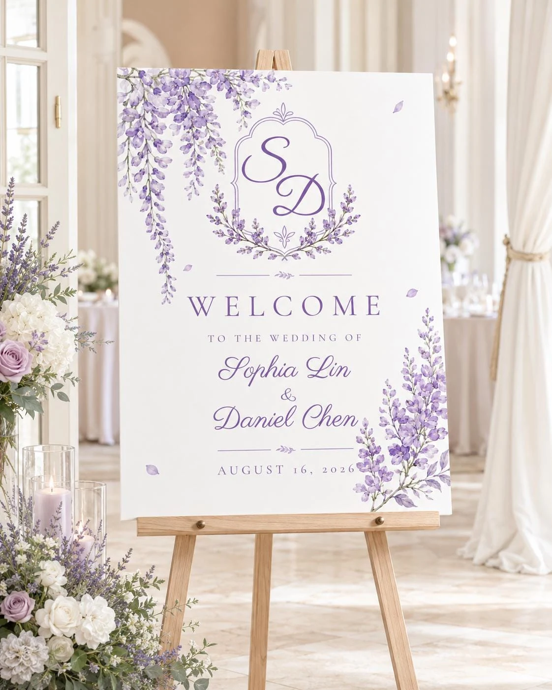 May include: A rectangular wedding welcome sign on a wooden easel featuring a white background with purple wisteria floral illustrations. The text reads: SD monogram, WELCOME TO THE WEDDING OF Sophia Lin & Daniel Chen, AUGUST 16, 2026.