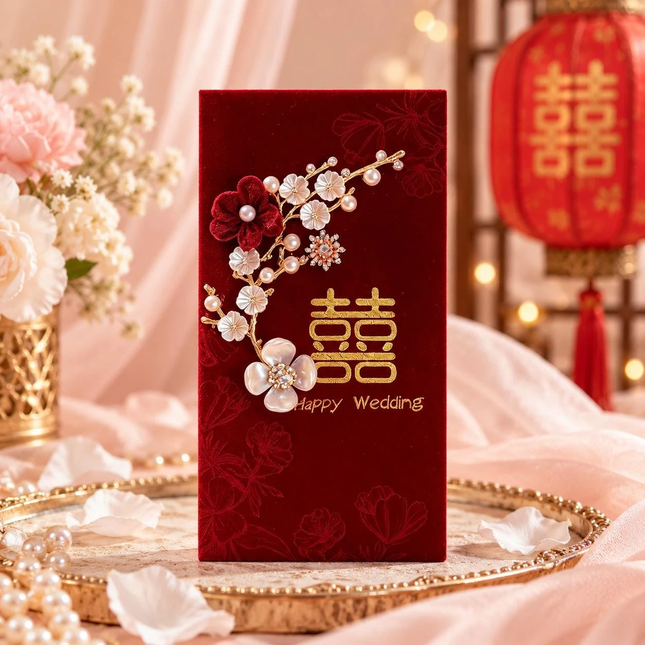 May include: A rectangular deep red velvet envelope featuring a gold double happiness symbol and the text Happy Wedding. The front is decorated with a branch of white and dark red fabric flowers accented with small white pearls and clear crystals.