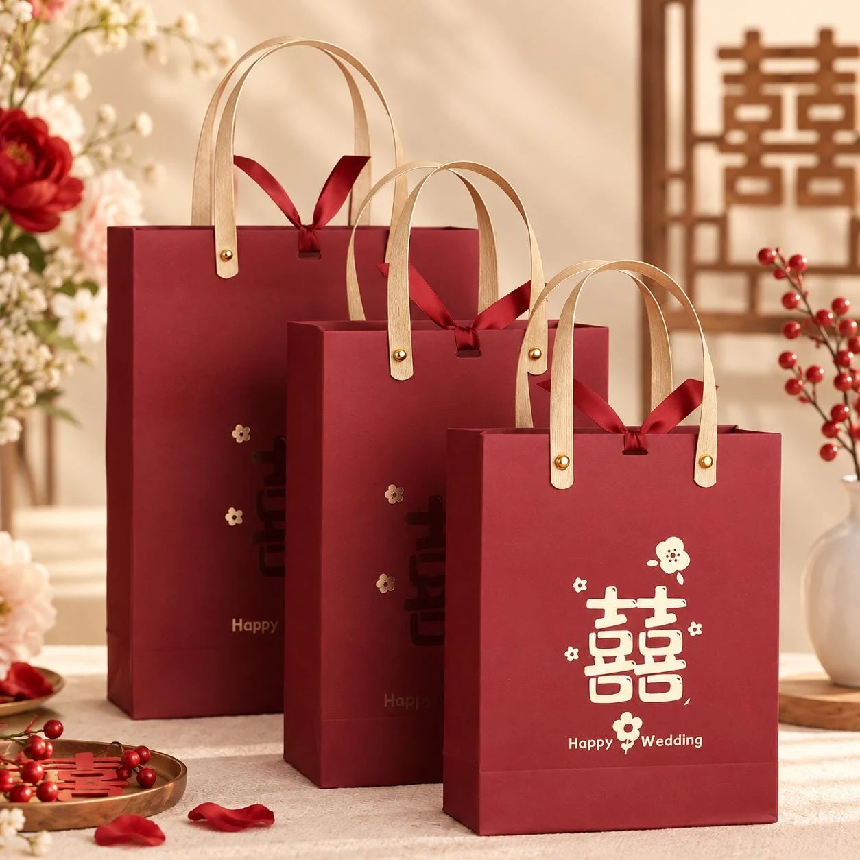 May include: Three deep red paper gift bags of varying heights, each featuring light-colored handles, a dark red ribbon tie, and gold foil accents. The front of the bags displays the Chinese double happiness character and the text Happy Wedding.