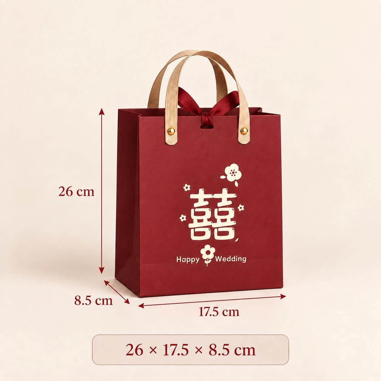May include: A deep red gift bag with light brown handles, a dark red ribbon bow, and a white double happiness symbol with the text Happy Wedding. The bag measures 26 cm in height, 17.5 cm in width, and 8.5 cm in depth as indicated by arrows.