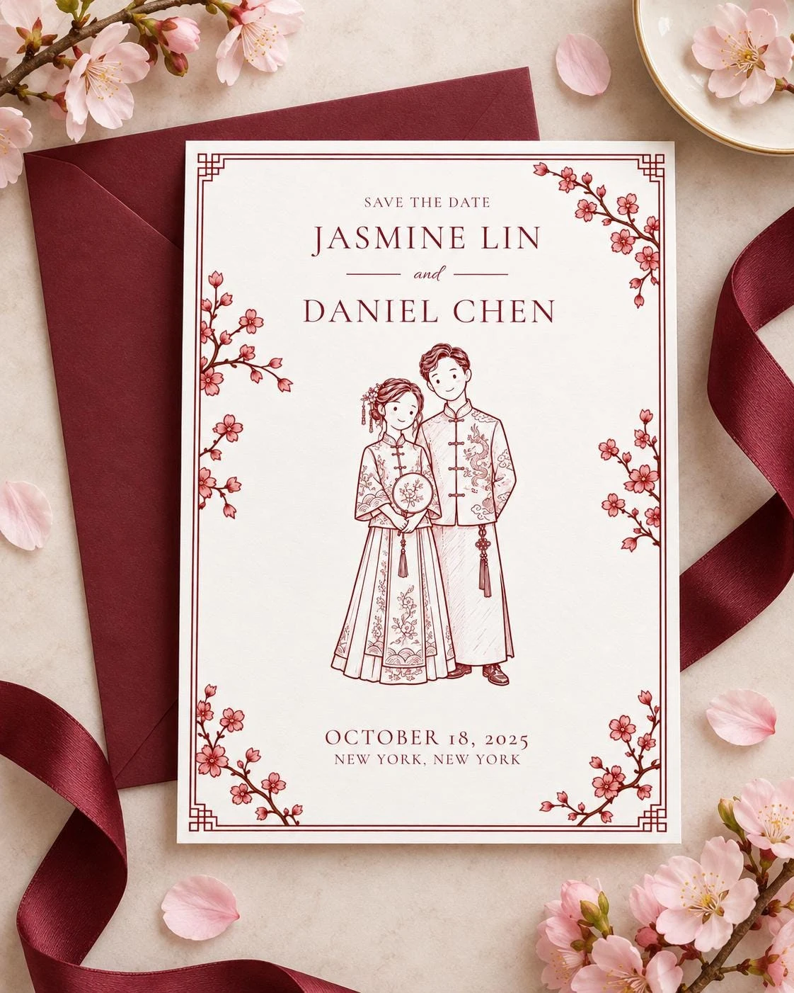 Chinese Attire Line Art Save the Date