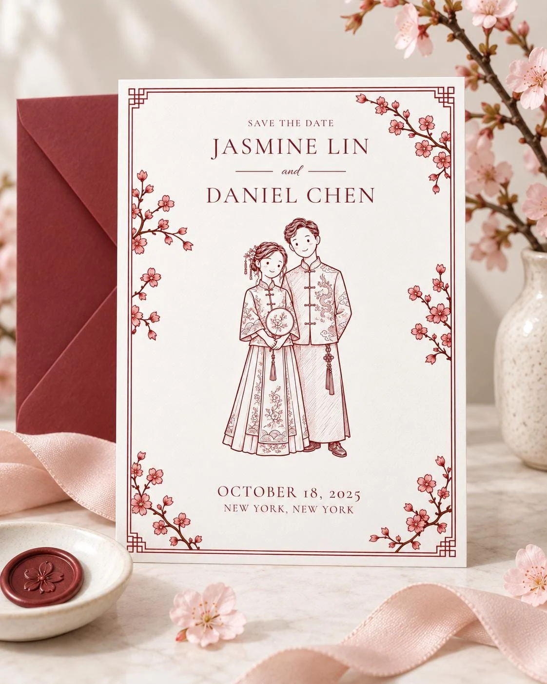 May include: A white rectangular save the date card featuring a maroon ink illustration of a couple in traditional attire, surrounded by cherry blossom branches. The text reads: SAVE THE DATE, JASMINE LIN and DANIEL CHEN, OCTOBER 18, 2025, NEW YORK, NEW YORK.