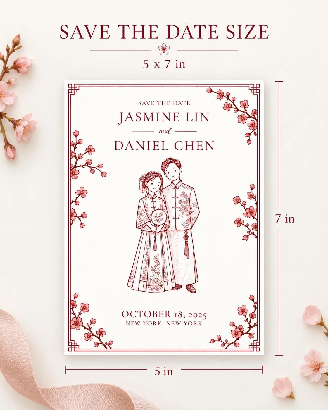 May include: A rectangular Save the Date card measuring 5 by 7 inches. The design features a maroon line drawing of a couple in traditional attire, surrounded by cherry blossom branches. Text includes names Jasmine Lin and Daniel Chen, and date October 18, 2025, New York, New York.