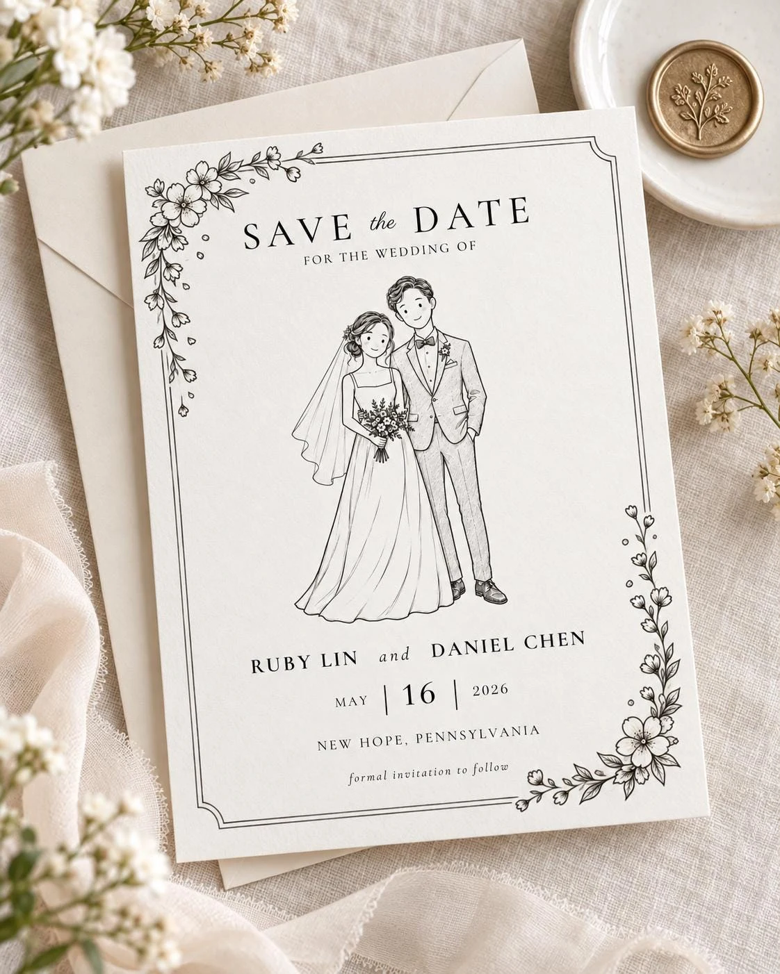 May include: A white Save the Date wedding card featuring a black ink line drawing of a couple, floral corner accents, and the text: SAVE the DATE FOR THE WEDDING OF RUBY LIN and DANIEL CHEN MAY 16 2026 NEW HOPE, PENNSYLVANIA formal invitation to follow.