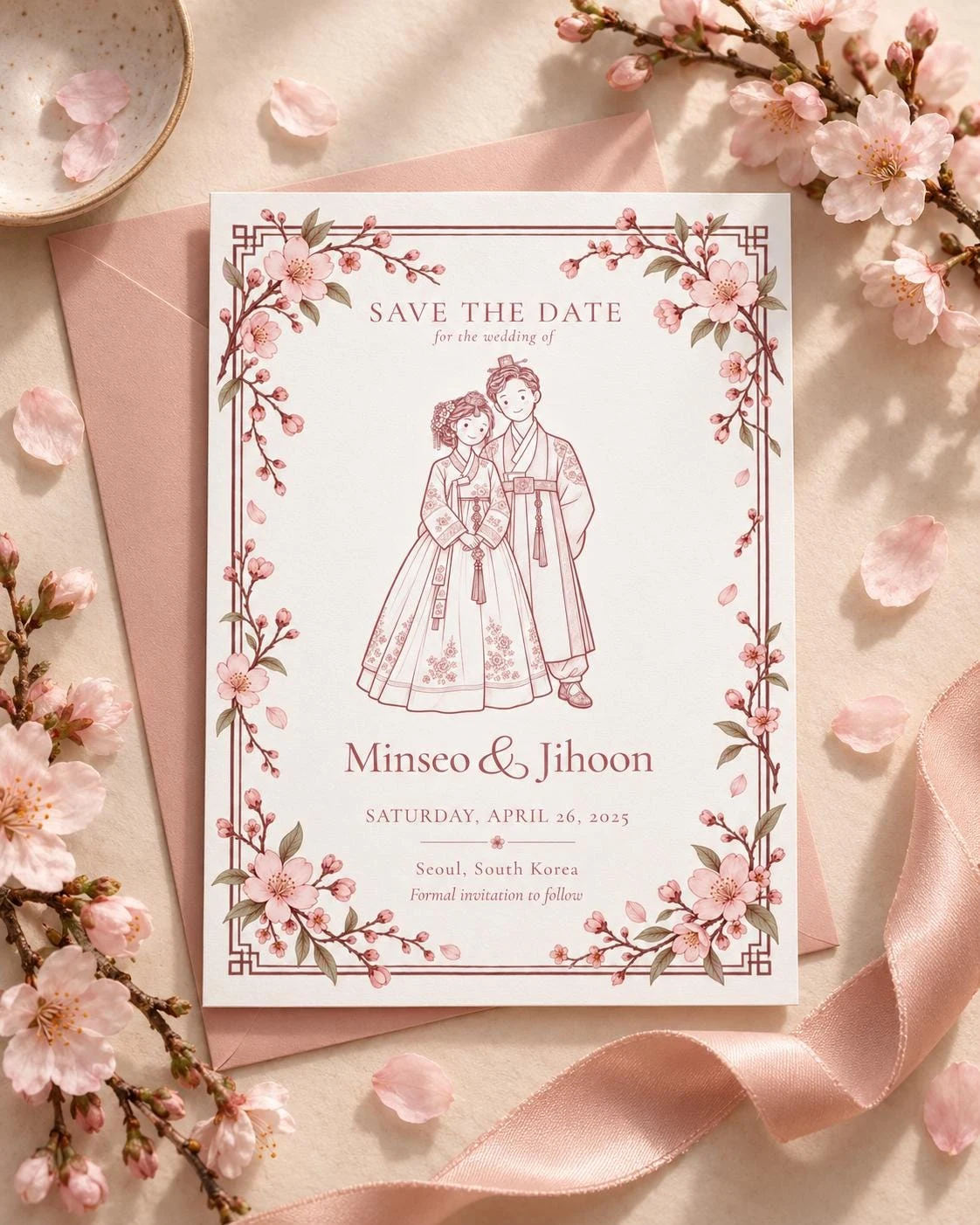Korean Hanbok Line Art Save the Date