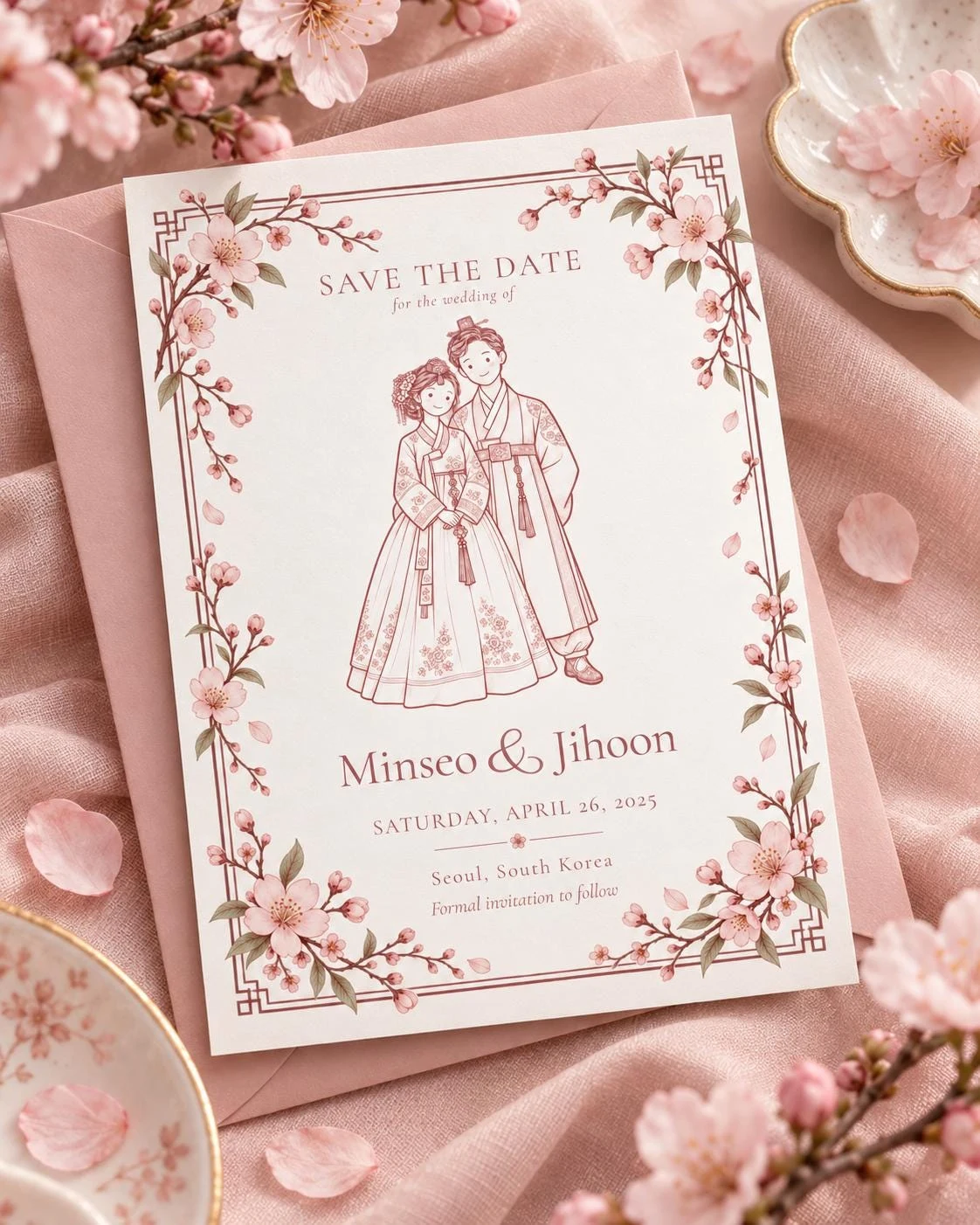 May include: A rectangular Save the Date card featuring a line-art illustration of a couple in traditional Korean hanbok. The text reads: Save the Date for the wedding of Minseo & Jihoon, Saturday, April 26, 2025, Seoul, South Korea. Pink cherry blossoms frame the border.