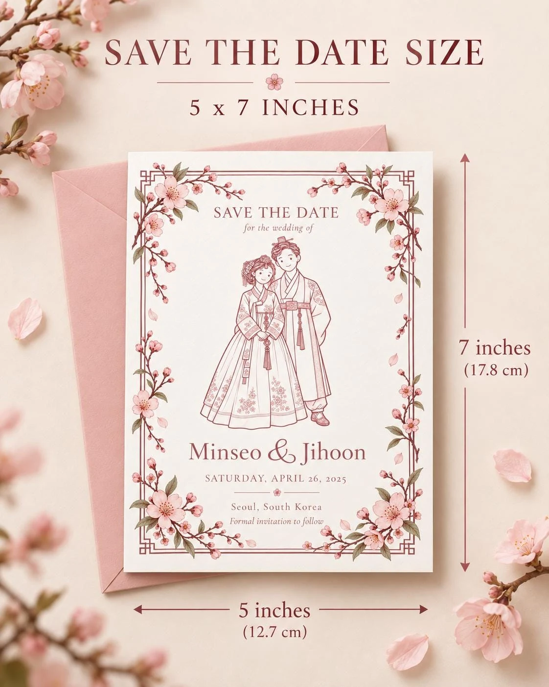 May include: A 5 x 7 inches Save the Date card featuring a line drawing of a couple in traditional Korean hanbok. The card is decorated with a cherry blossom border and includes the text: Save the Date for the wedding of Minseo & Jihoon, Saturday, April 26, 2025, Seoul, South Korea.