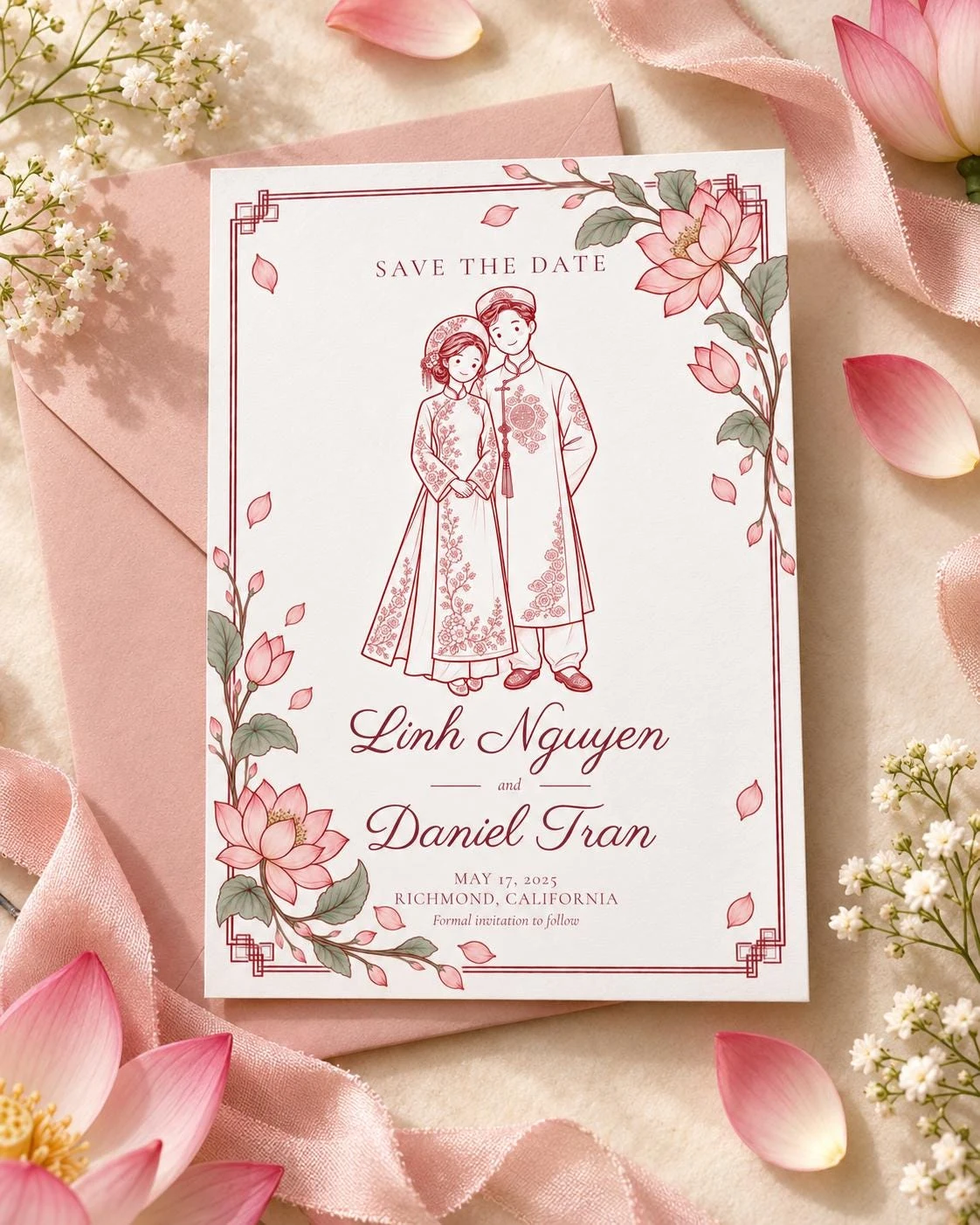 Vietnamese Ao Dai Line Art Save the Date