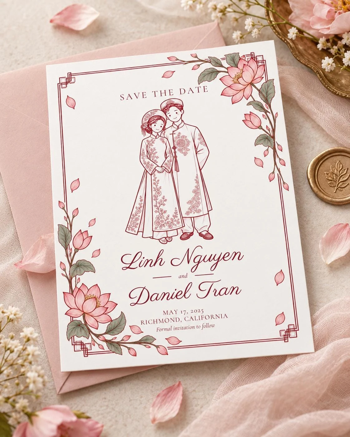 May include: A white rectangular save the date card featuring a red line drawing of a couple in traditional attire, surrounded by pink lotus flower illustrations. The text reads: SAVE THE DATE, Linh Nguyen and Daniel Tran, MAY 17, 2025, RICHMOND, CALIFORNIA.