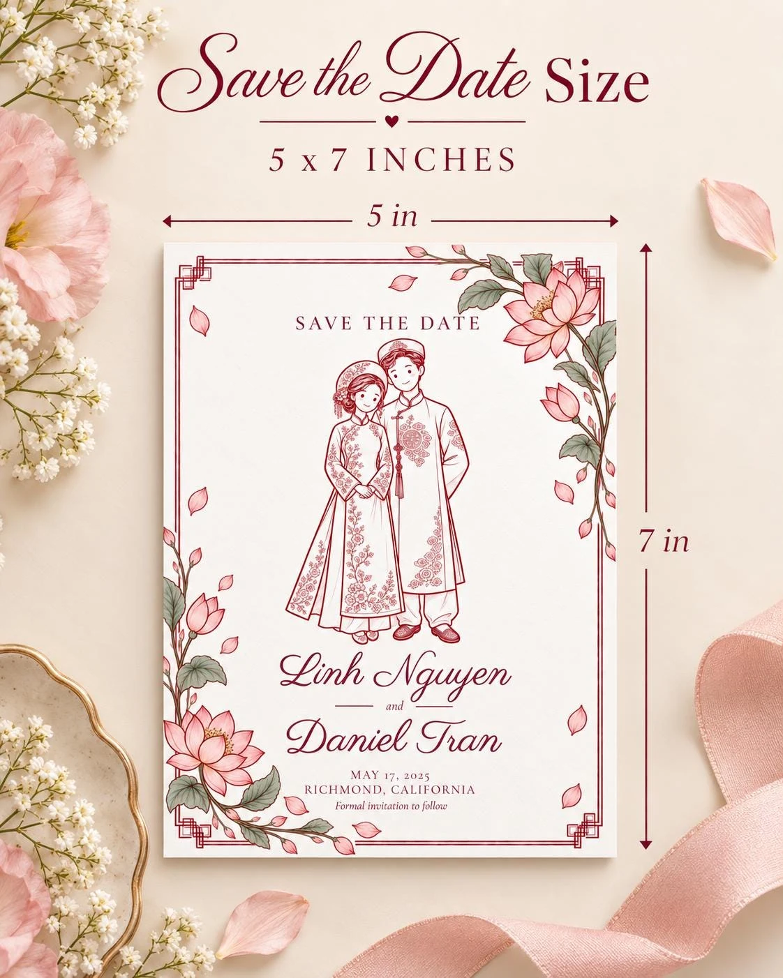 May include: A rectangular Save the Date card measuring 5 by 7 inches. The white card features a maroon line drawing of a couple in traditional attire, surrounded by a floral border of pink lotus flowers. Text includes names Linh Nguyen and Daniel Tran.