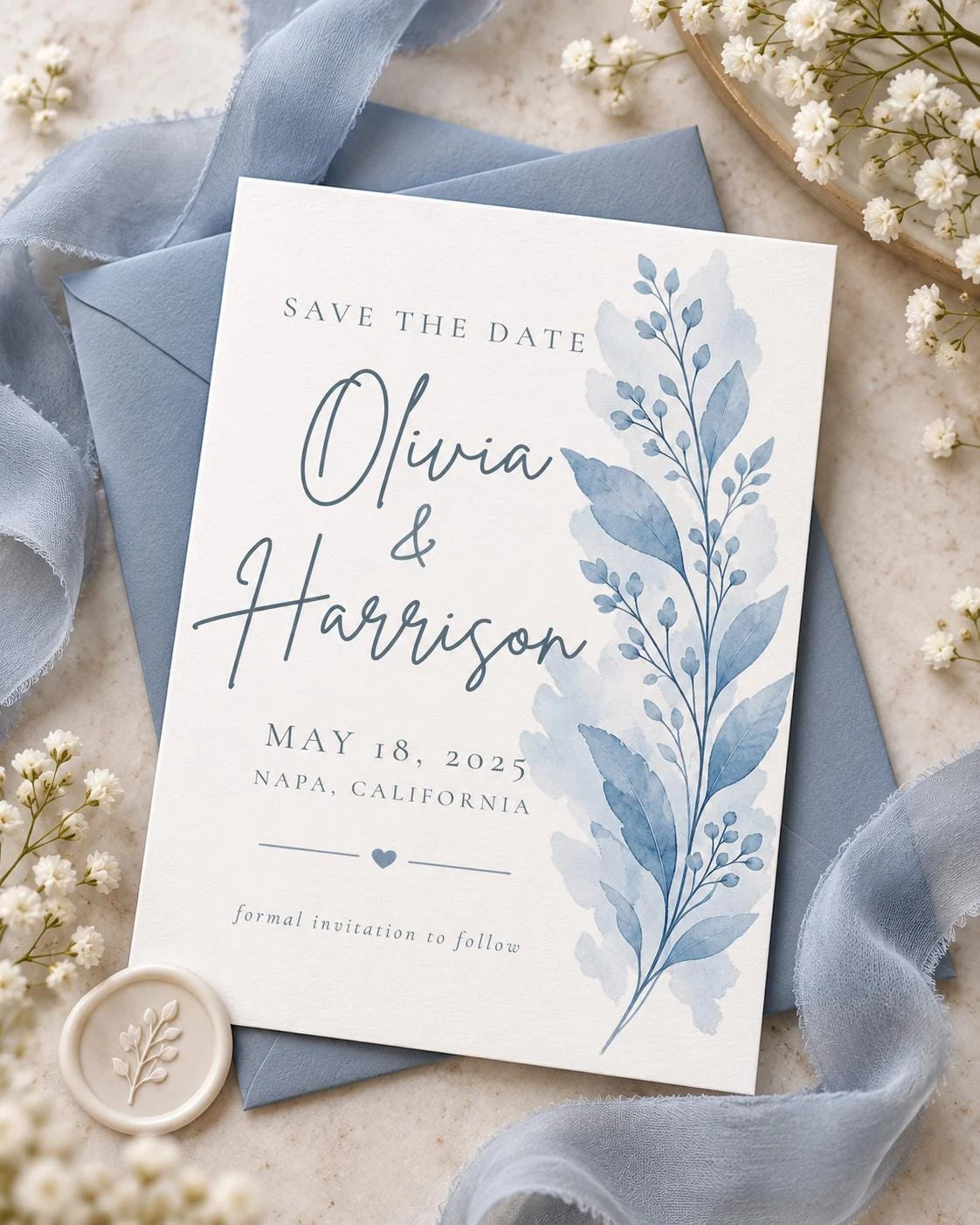May include: A white rectangular save the date card featuring blue watercolor botanical illustrations on the right side. The text reads: SAVE THE DATE, Olivia & Harrison, MAY 18, 2025, NAPA, CALIFORNIA, and formal invitation to follow, with a small heart icon.