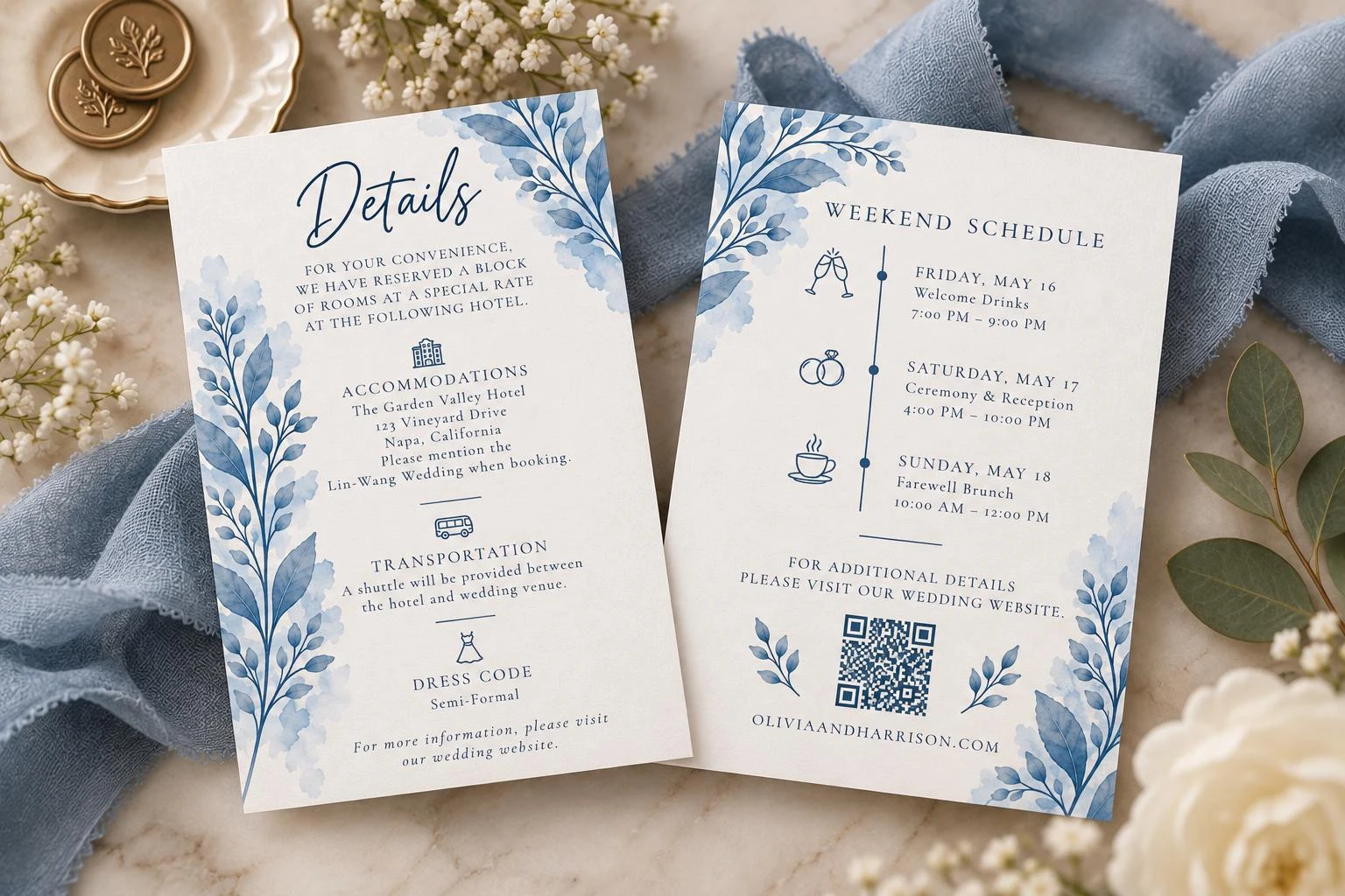 May include: Two rectangular wedding information cards featuring blue watercolor leaf illustrations. The left card lists details, accommodations, and transportation. The right card displays a weekend schedule with icons, a QR code, and the website oliviaandharrison.com.