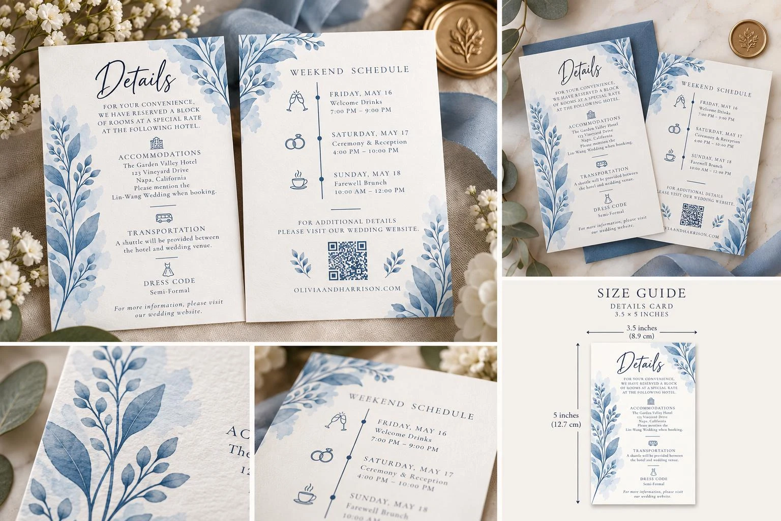 May include: A wedding details card and weekend schedule set featuring blue watercolor botanical illustrations. The cards include text, icons, and a QR code. A size guide shows the details card measures 3.5 inches by 5 inches (8.9 cm by 12.7 cm).