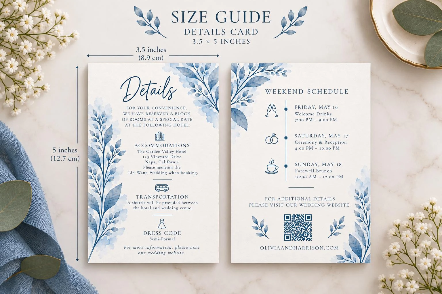 May include: Two rectangular white wedding details cards measuring 3.5 by 5 inches, featuring blue watercolor botanical illustrations. The cards display text including Details, Weekend Schedule, hotel information, icons, and a QR code.