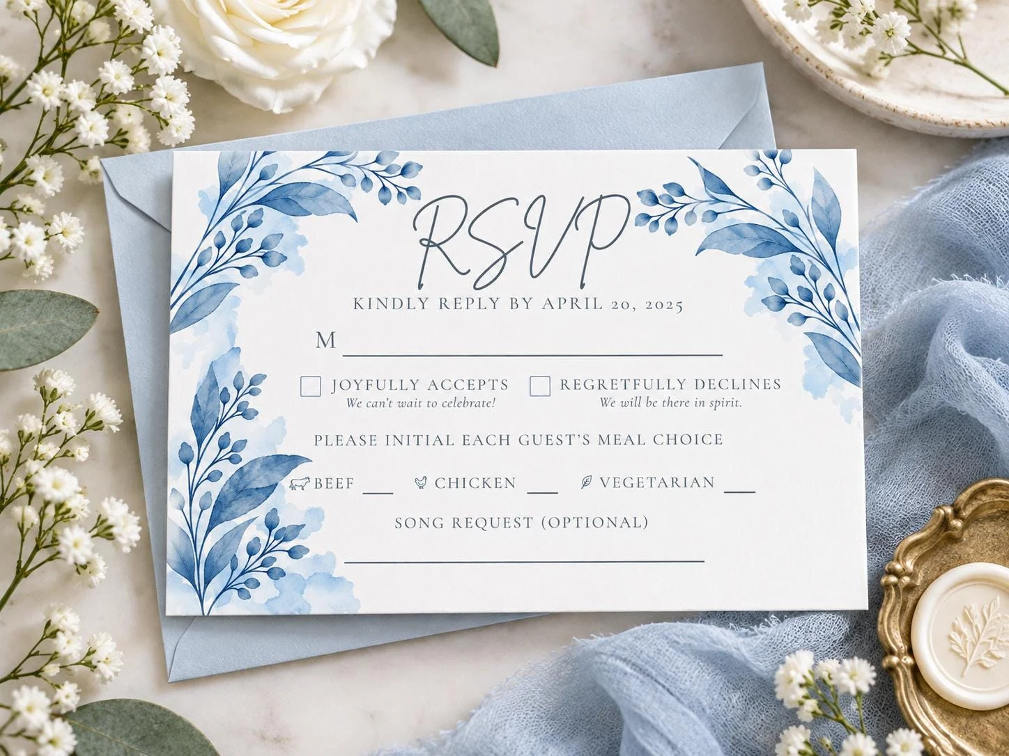 May include: A white rectangular RSVP card featuring blue watercolor botanical illustrations in the corners. The text reads RSVP, Kindly Reply By April 20, 2025, Joyfully Accepts, Regretfully Declines, Please Initial Each Guest's Meal Choice, Beef, Chicken, Vegetarian, and Song Request.