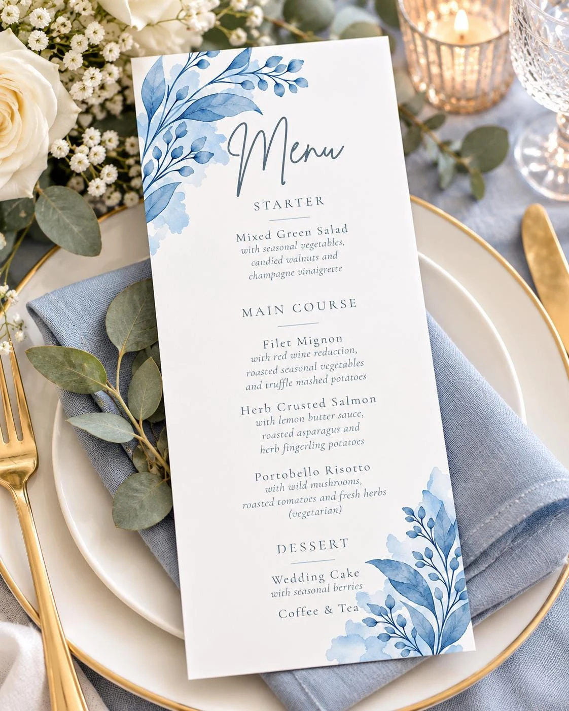 Dusty Blue Watercolor Eucalyptus Wedding Menu