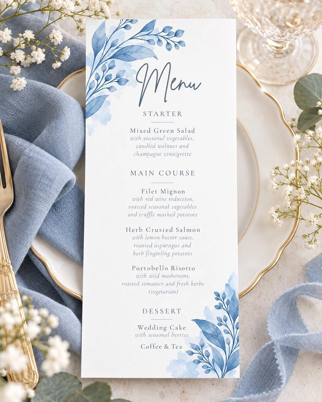 May include: A vertical white menu card featuring blue watercolor botanical illustrations at the top left and bottom right corners. The text includes headings for Starter, Main Course, and Dessert, listing various food items in a dark blue font.