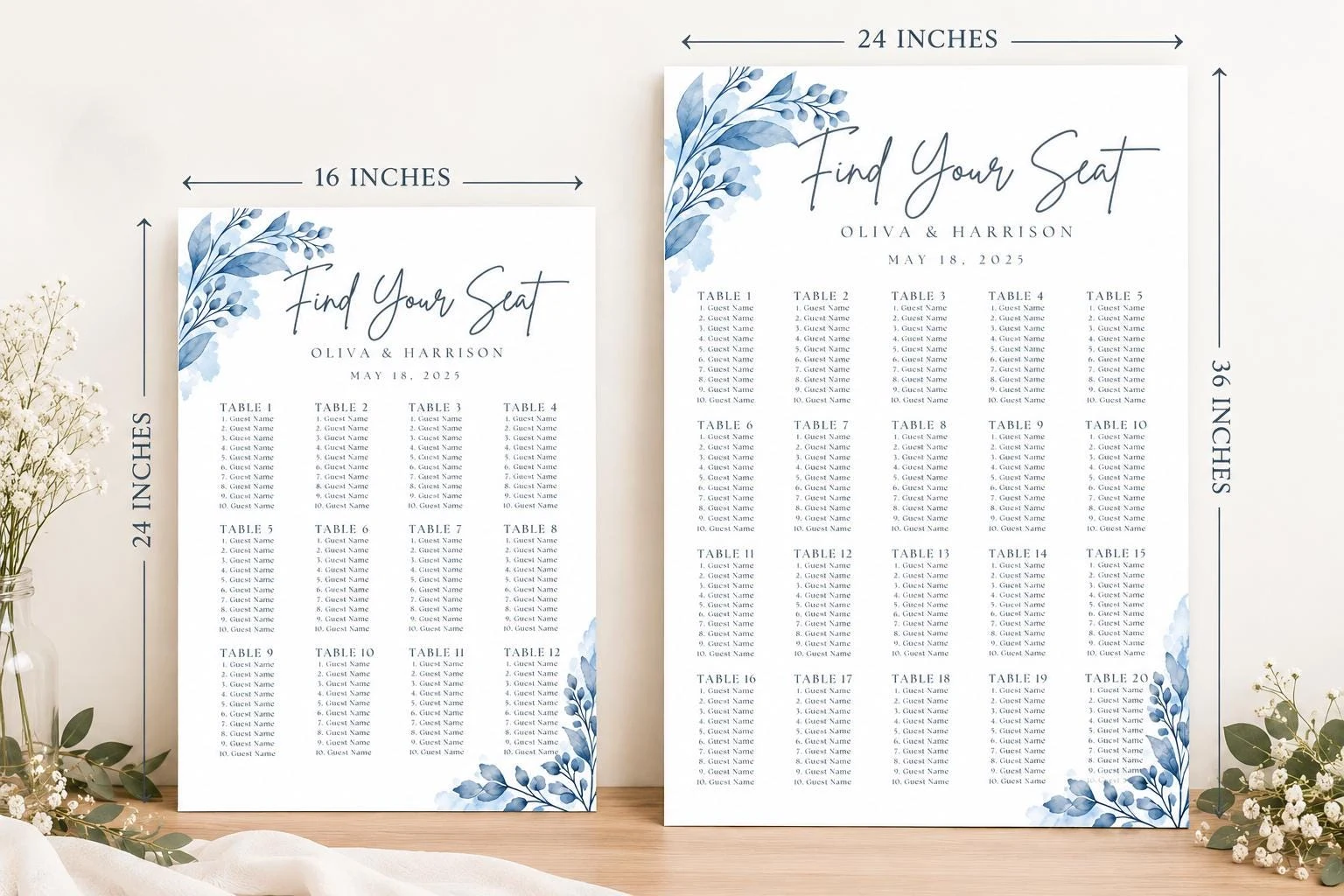 May include: Two white wedding seating charts with blue watercolor leaf illustrations. The smaller chart measures 16 inches by 24 inches, and the larger chart measures 24 inches by 36 inches. Both feature the text Find Your Seat, Oliva & Harrison, May 18, 2025.