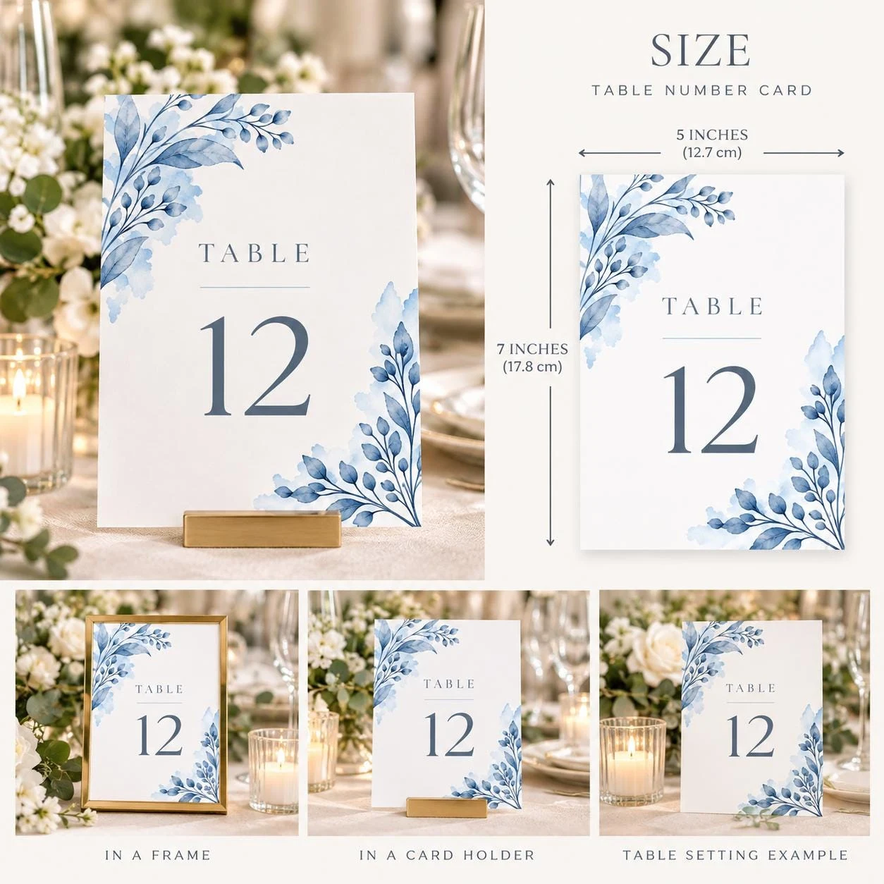 May include: A white table number card featuring blue watercolor botanical illustrations and the text "TABLE 12". The card measures 5 inches by 7 inches. It is displayed in a gold frame, a gold card holder, and as part of a table setting.