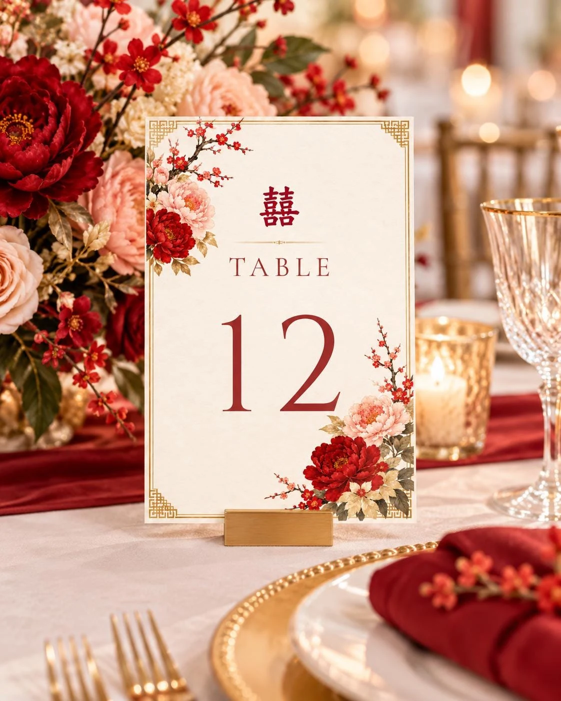 May include: A rectangular table number card featuring the number 12 in large dark red font, the word TABLE, and the Chinese double happiness character. The card is decorated with red and pink floral illustrations and a gold border on a stand.