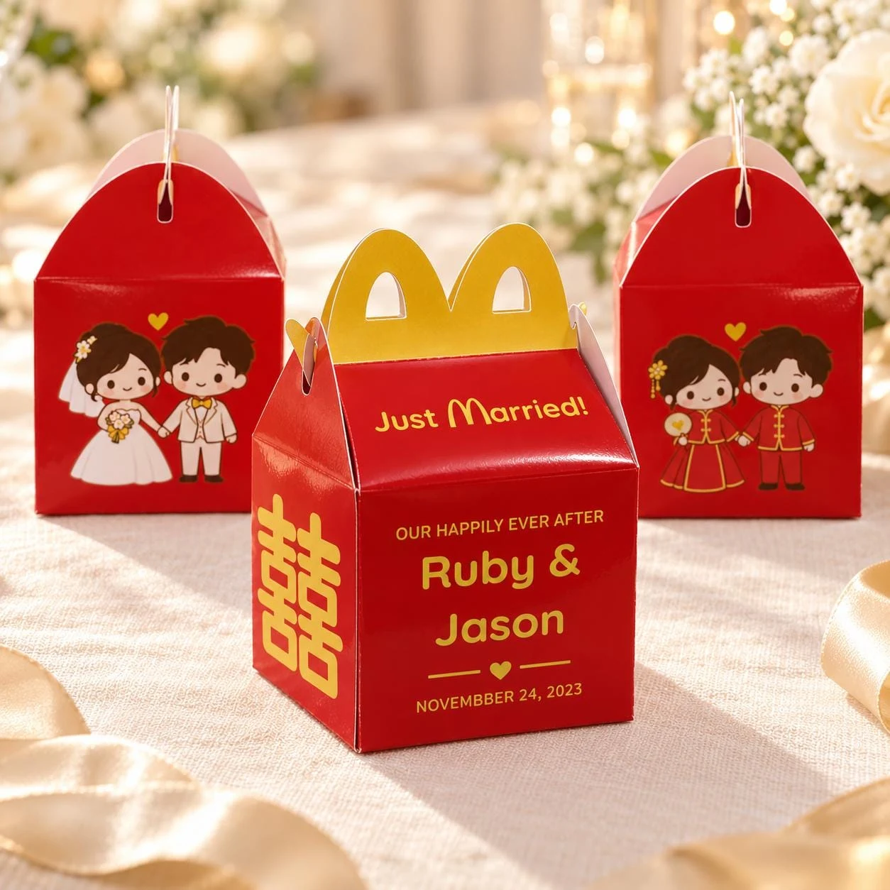 Personalized Red Wedding Favor Boxes with Arch Handles