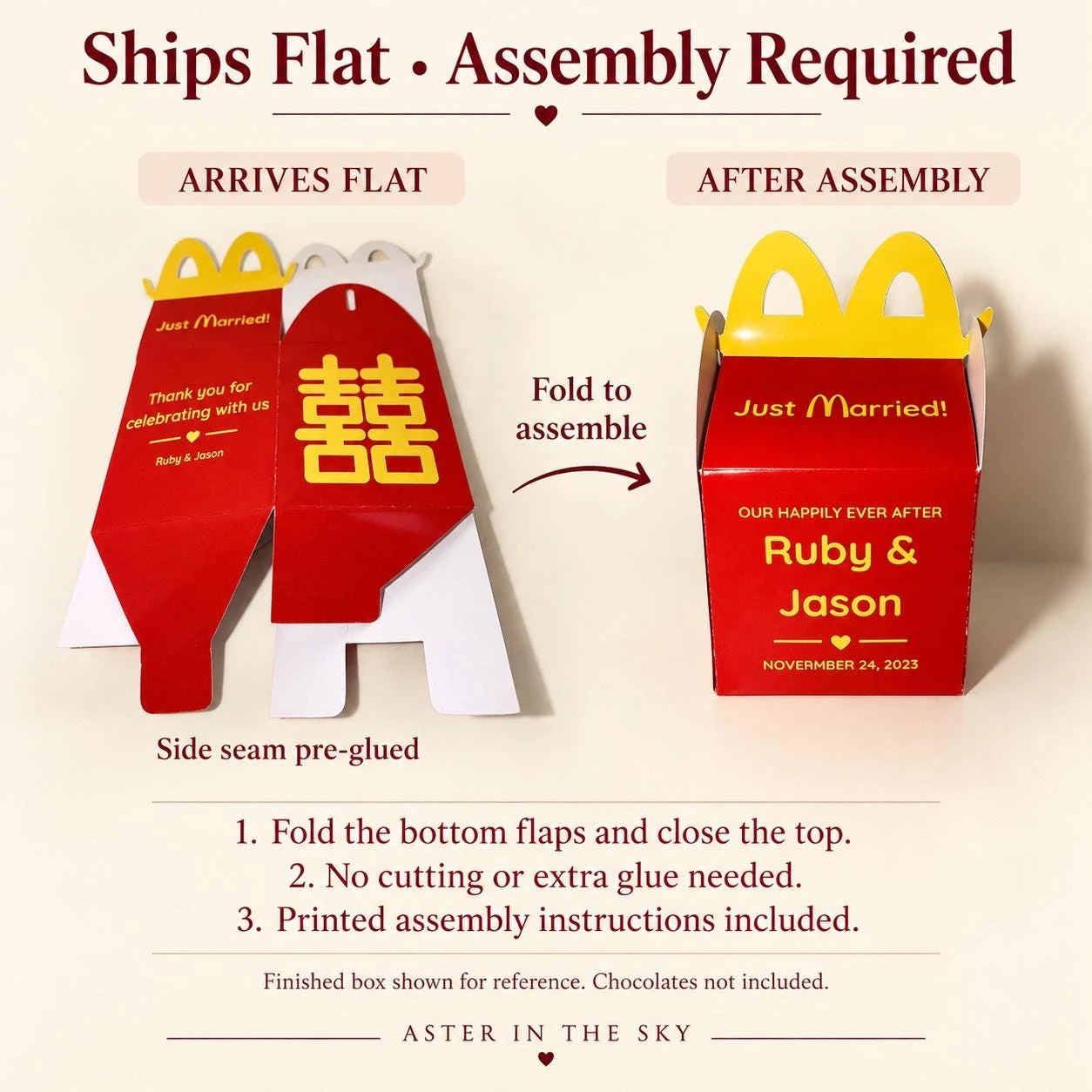May include: A red and yellow cardboard box for wedding favors, shown flat and assembled. The box features the text Just Married, Ruby & Jason, November 24, 2023, and the Chinese double happiness symbol. Includes assembly instructions.