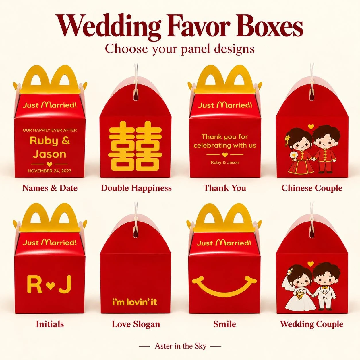 May include: Eight red and yellow wedding favor boxes with arched handles. Designs include text 'Just Married', 'Ruby & Jason', 'Double Happiness', 'Thank you', 'i'm lovin' it', a yellow smile, and illustrations of a Chinese couple and a wedding couple.