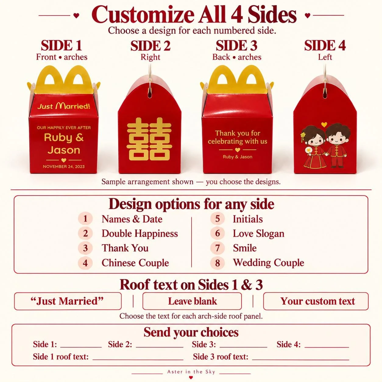May include: Four red gift boxes with yellow arched handles. Side 1 features 'Just Married!', 'Ruby & Jason', and 'NOVEMBER 24, 2023'. Side 2 has a gold double happiness symbol. Side 3 says 'Thank you for celebrating with us'. Side 4 shows a cartoon couple.